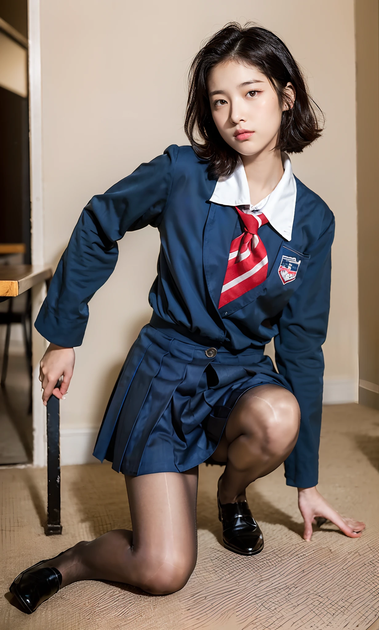 ulzzang-6500-v1.1, (photo brute: 1.2), (photoreallistic: 1.4), Beautiful boy detailed, very detailed eyes and face, beautiful detailed eyes, ridicule, incroyablement ridicule, huge file size, super detailed, high resolucion, highly detailed, of better quality, master piece, kemomimi, ((American boys' high school uniform)), illustration, highly detailed, CG, unified, 8k wallpaper, incroyable, finedetail, master piece, beste-Qualit, highly detailed CG uniform 8k wallpaper, light on the face, lighting cinematic, 1boy, , ((pas de culotte)), ((pose dynamique))), (orteil de chameau), (half), (pantalon), (Leg bent from the knee))