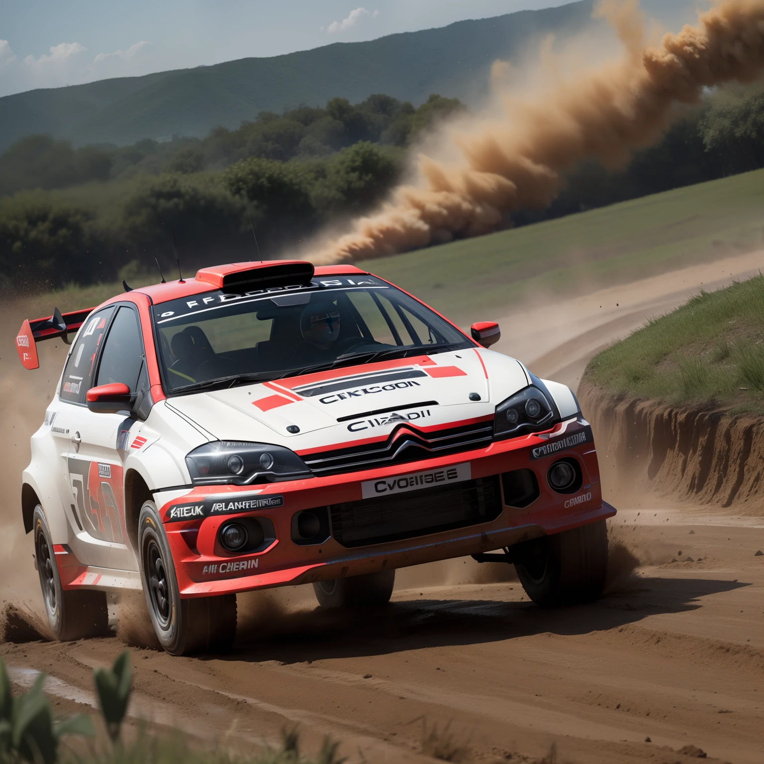 "Citroen Rally configuration, Intense action, adrenalinefilled, Mud splashes, High-speed stimulation, Rally cars fly in the dirt, Powerful engine roar, Precise operation, Dynamic angles, dust cloud, Sharp, A race against time."
