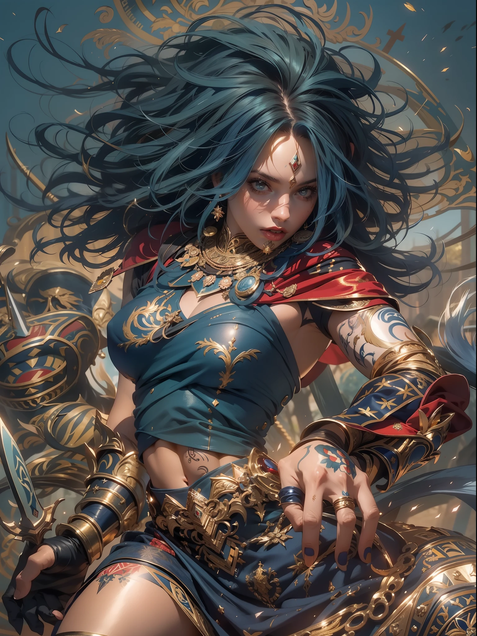 (((mulher))), (((melhor qualidade))), (((obra prima))), (((adulto))), Uma guerreira mulher de 35 anos com corpo perfeito, Gladiadores do Brooklyn, (( sob os peitos )), quase nua no estilo selvagem urbano de Simon Bisley para a capa da revista Heavy Metal, cabelo loiro, Minimum clothing, Dark blue with white stars and red and white checkerboard pattern, armadura, cheio de pontas e rebites, tatuagem tribal, (((do joelho pra cima))), cabelo desalinhado