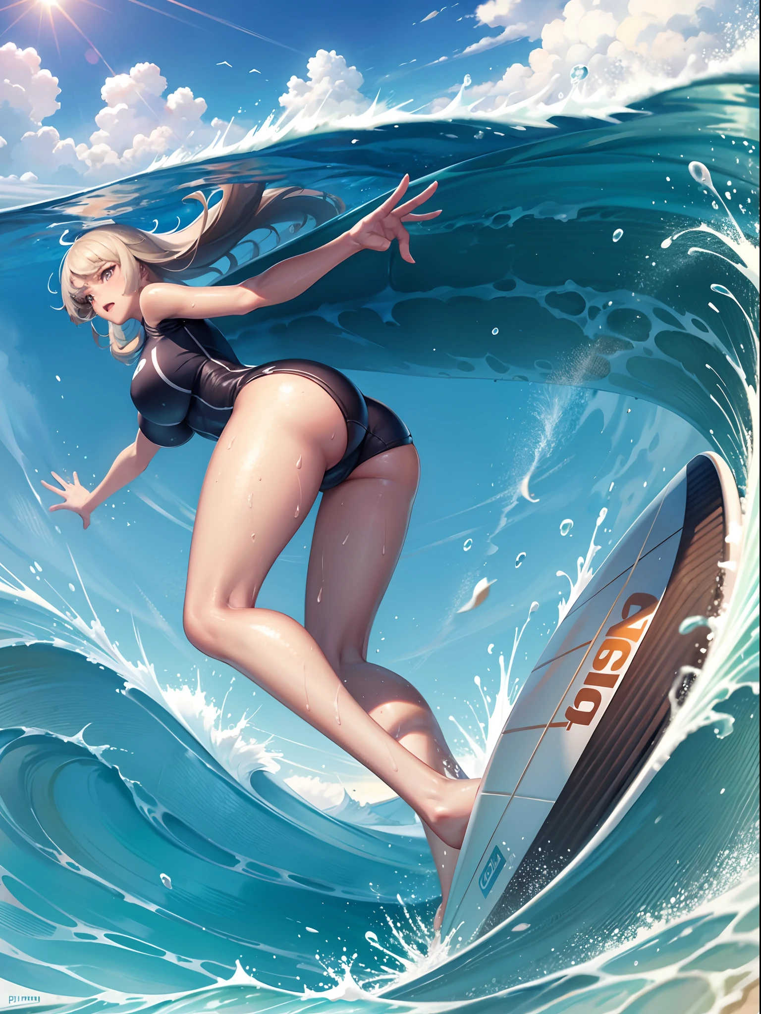 ultra detailed photographic, Full body,1 age girl, Surfing Uniforms,nice legs, Large breasts,Wet skins,Sweat,Female athletes, Surfing venue ,Dynamic Angle