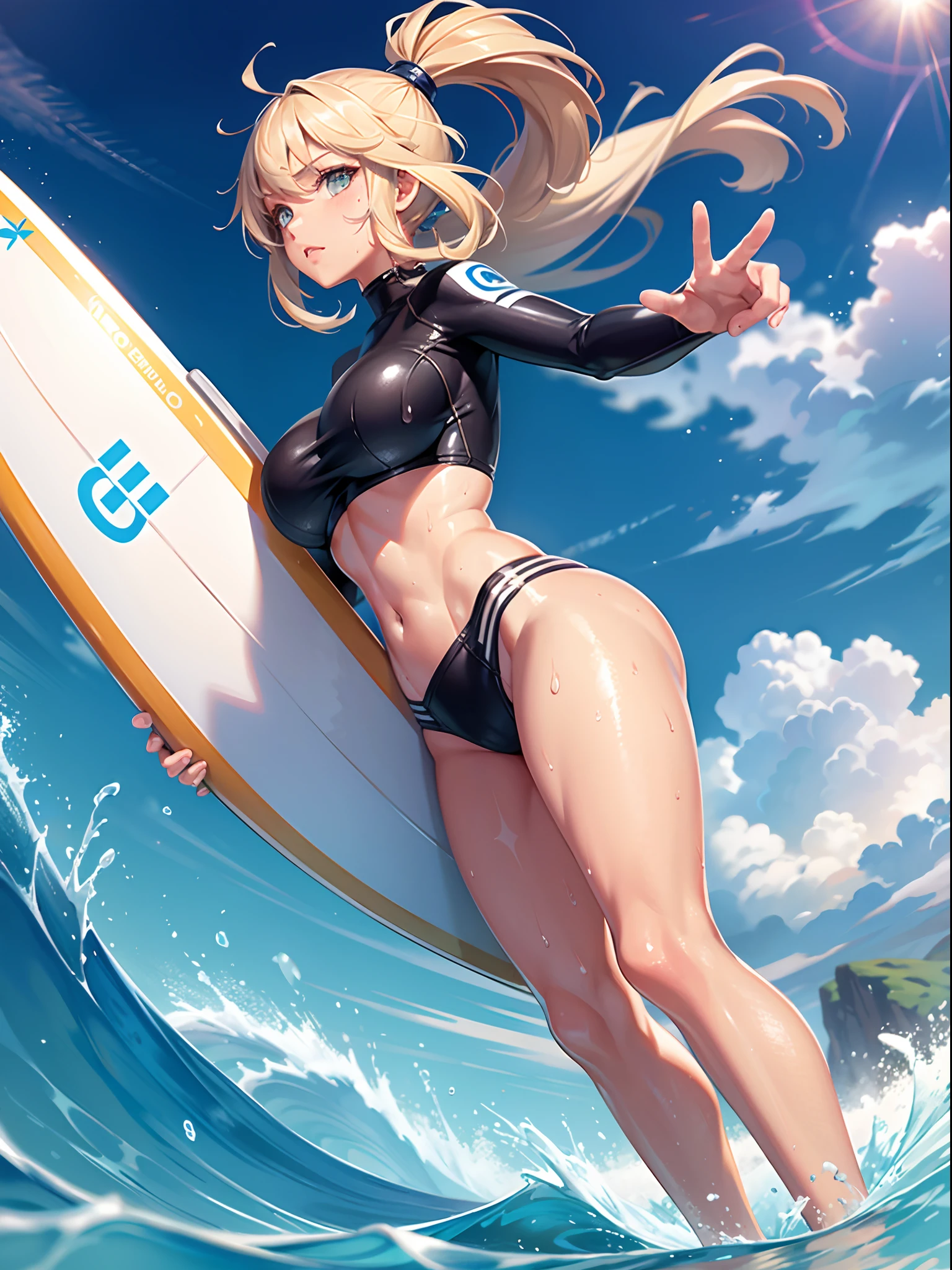 ultra detailed photographic, Full body,1 　girl, Surfing Uniforms,nice legs, Large breasts,Wet　skins,Sweat,Female athletes, Surfing　venue ,Dynamic Angle