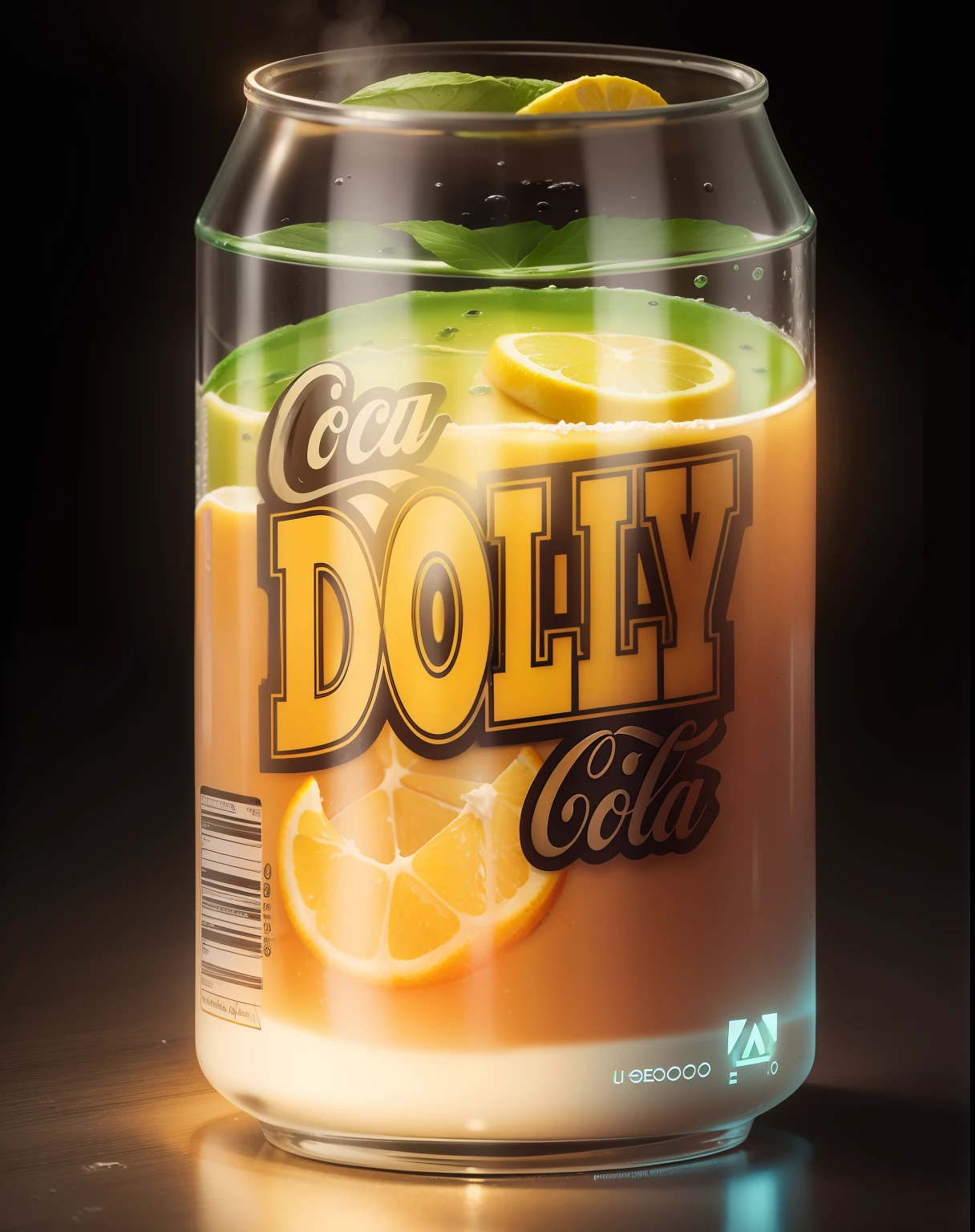 Lata de refrigerante, em cima de uma mesa, copo com gelo ao lado, fotografia de estudio, retroiluminação, fundo escuro infinito, realist, detalhado, uhd