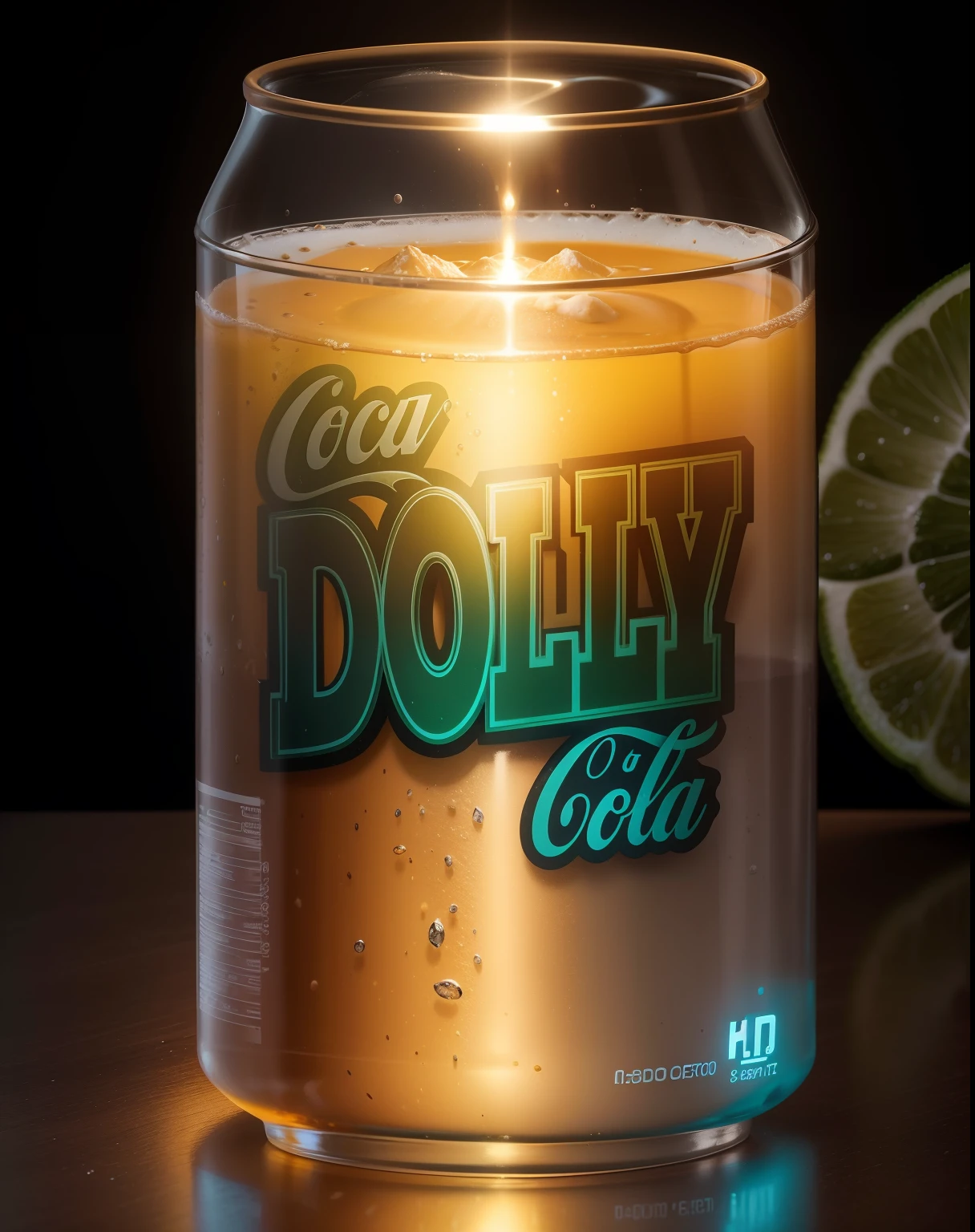 Lata de refrigerante, em cima de uma mesa, copo com gelo ao lado, fotografia de estudio, retroiluminação, fundo escuro infinito, realist, detalhado, uhd
