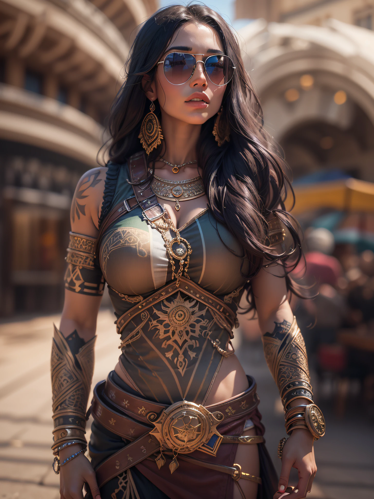 A very realistic and very detailed picture of the beautiful princess of Babylon wearing sunglasses in the city of Babylon of the future , The outfit inscribed with the plates of the shield of Babylon, long  hair, Hand and body tattoos, Fashion pose, Beautiful hazel eyes symmetrical detailed, detailed gorgeous face, Typical articular object , The advanced environment of the city of Babylon , Integrating Babylonian civilization with future technology , outstanding detail, 30 MP, 4k, كاميرا كانون EOS 5D Mark IV الرقمية SLR, 85mm lens, sharp focus, intricately detailed, Long exposure time, f/8, ISO 100, shutter speed 1/125, Diffused backlight, award winning photograph, facing camera, looking into the camera, Monovision, Perfect contrast, high sharpness, facial symmetry, Depth-of-field, ultra-detailed photography, Raitsar, global illumination, Tanvertamim, downy, Ultra-High Definition, 8k, unreal engine 5, Ultra-sharp focus, award-winning photograph, trending on Artstation