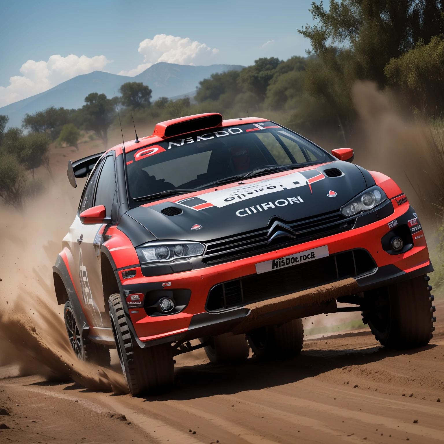 "Citroen Rally configuration, Intense action, adrenalinefilled, Mud splashes, High-speed stimulation, Rally cars fly in the dirt, Powerful engine roar, Precise operation, Dynamic angles, dust cloud, Sharp, A race against time."