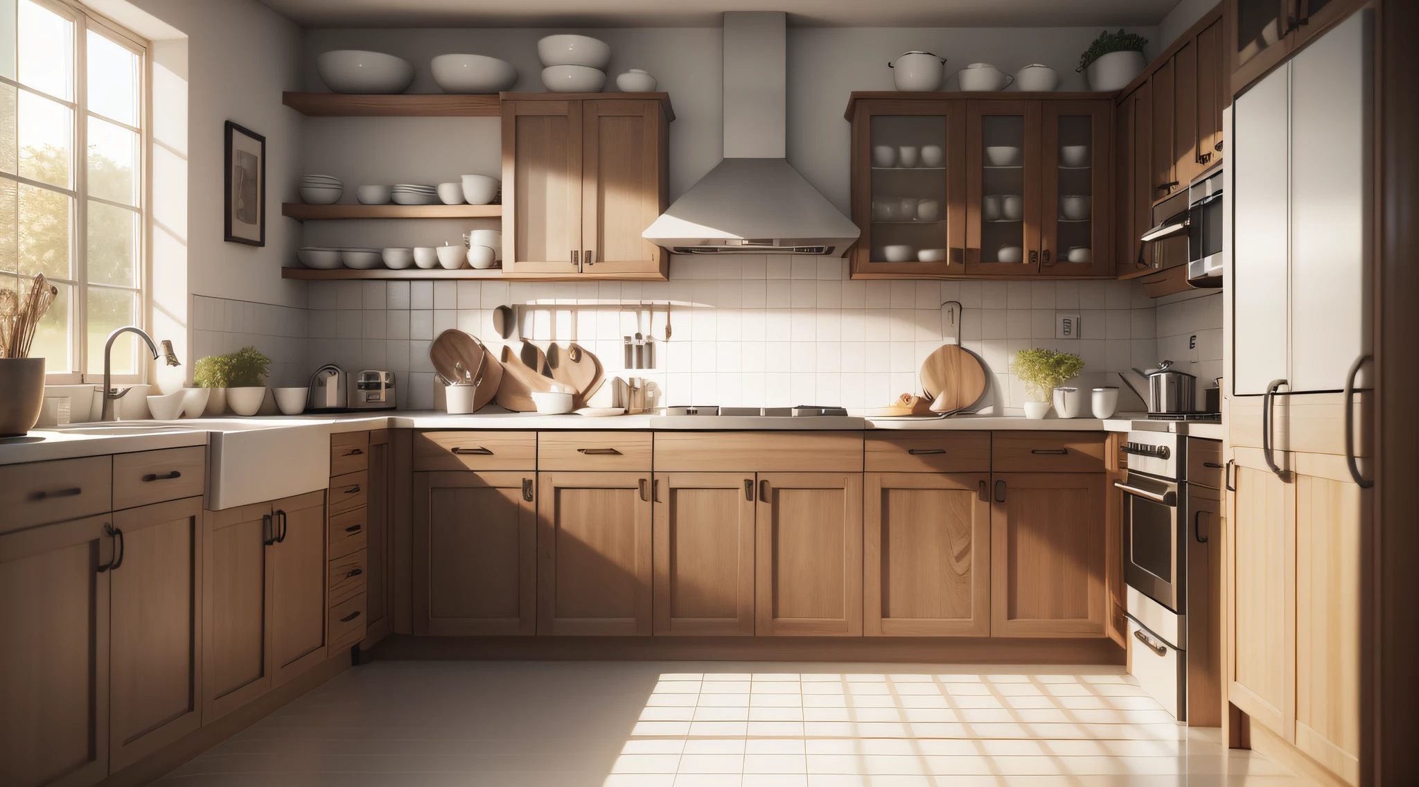 Simple kitchen 1950 X 2000 with several shelves to place dishes and glasses,Octane renderizar 3D,detalhe 3D,Full HD,8k