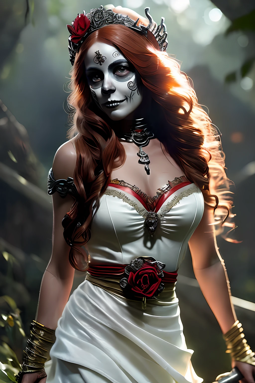 A (full body:1.3) shot at 8k resolution, splash art, fantastic comic book style, photorealistic, anatomical realistic digital painting portrait of a female latino (mexican muertos queen:1.3) in white (silk dress:1.1), (long curly red hair:1.1), (medieval town:1.3), light particle, analog, very detailed skin, very detailed eyes, (elden ring style:1.3), (warhammer style:1.1), concept artist, global illumination, depth of field, splash art, art by artgerm and greg rutkowski and viktoria gavrilenko