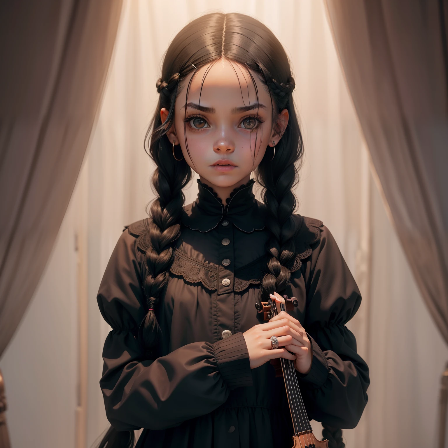 Wandinha style girl from the Addams Family, fringe and two braids, olhar sombrio, roupa preta colegial, tocando um violoncelo, terror, morcegos
