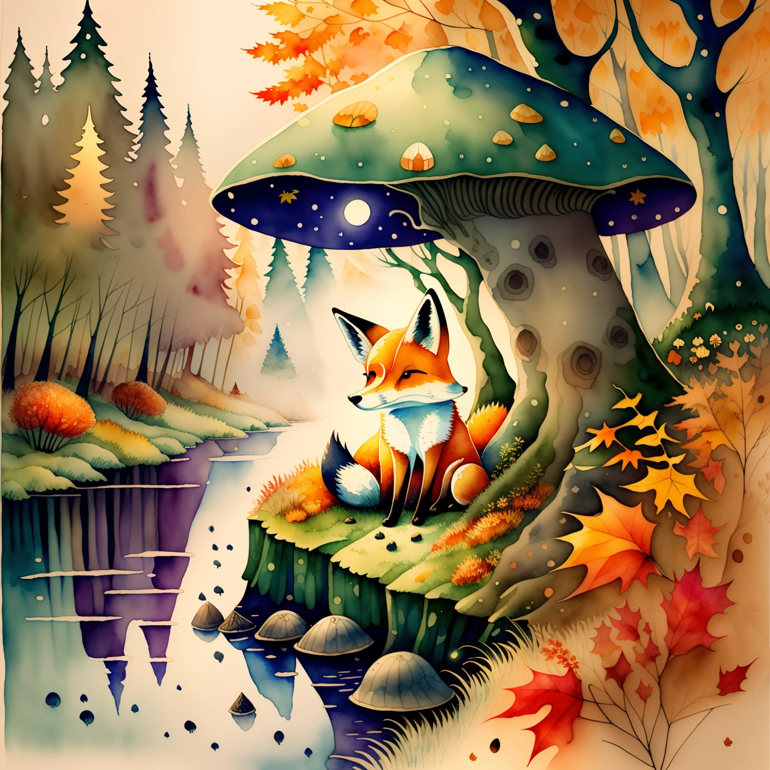 In the foreground is a fox, holds the mushroom in its paw, Very kind and dreamy, Ao fundo (( At night, nightfall)), ((Autumn forest and fog)), which rises above the river, watercolor illustration, Tadeusz Brzozowski, whimsical art, Funny works of art
