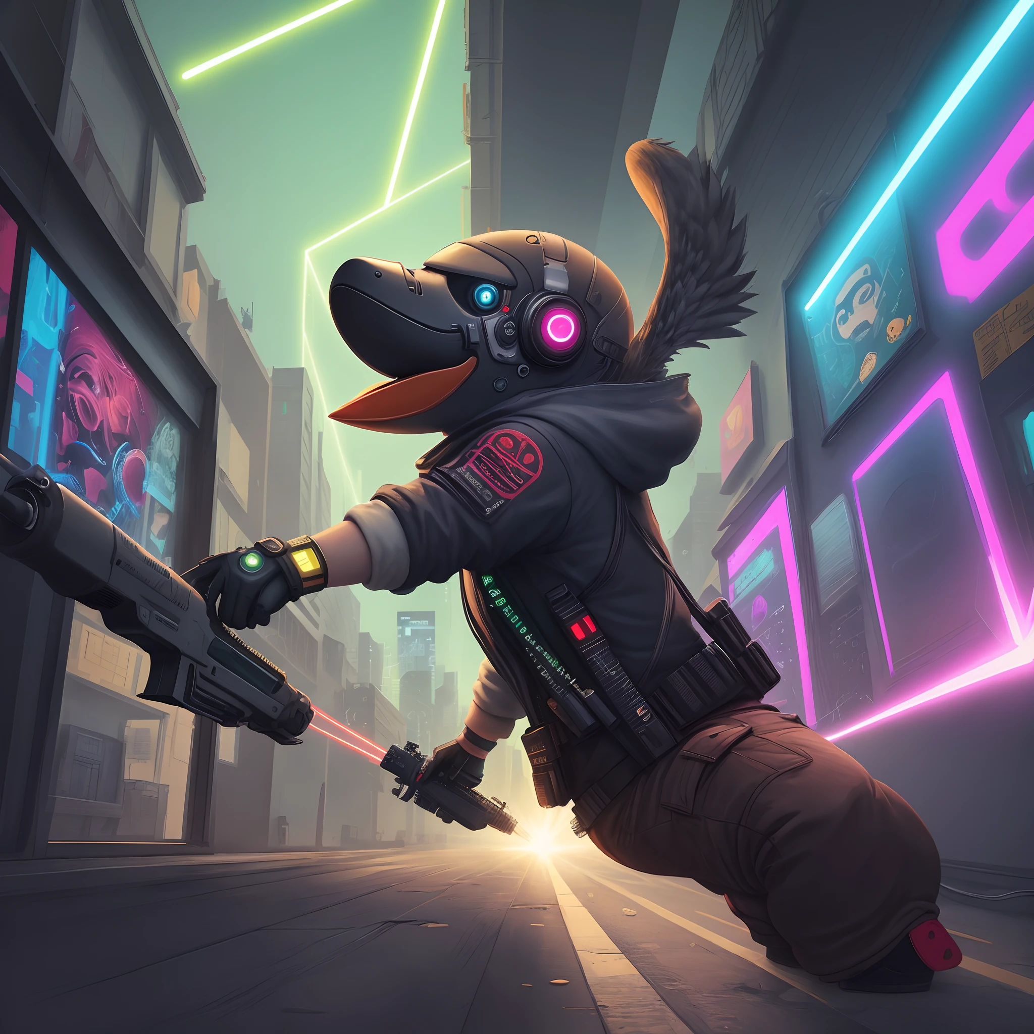 Pato cyberpunk segurando uma arma de laser
