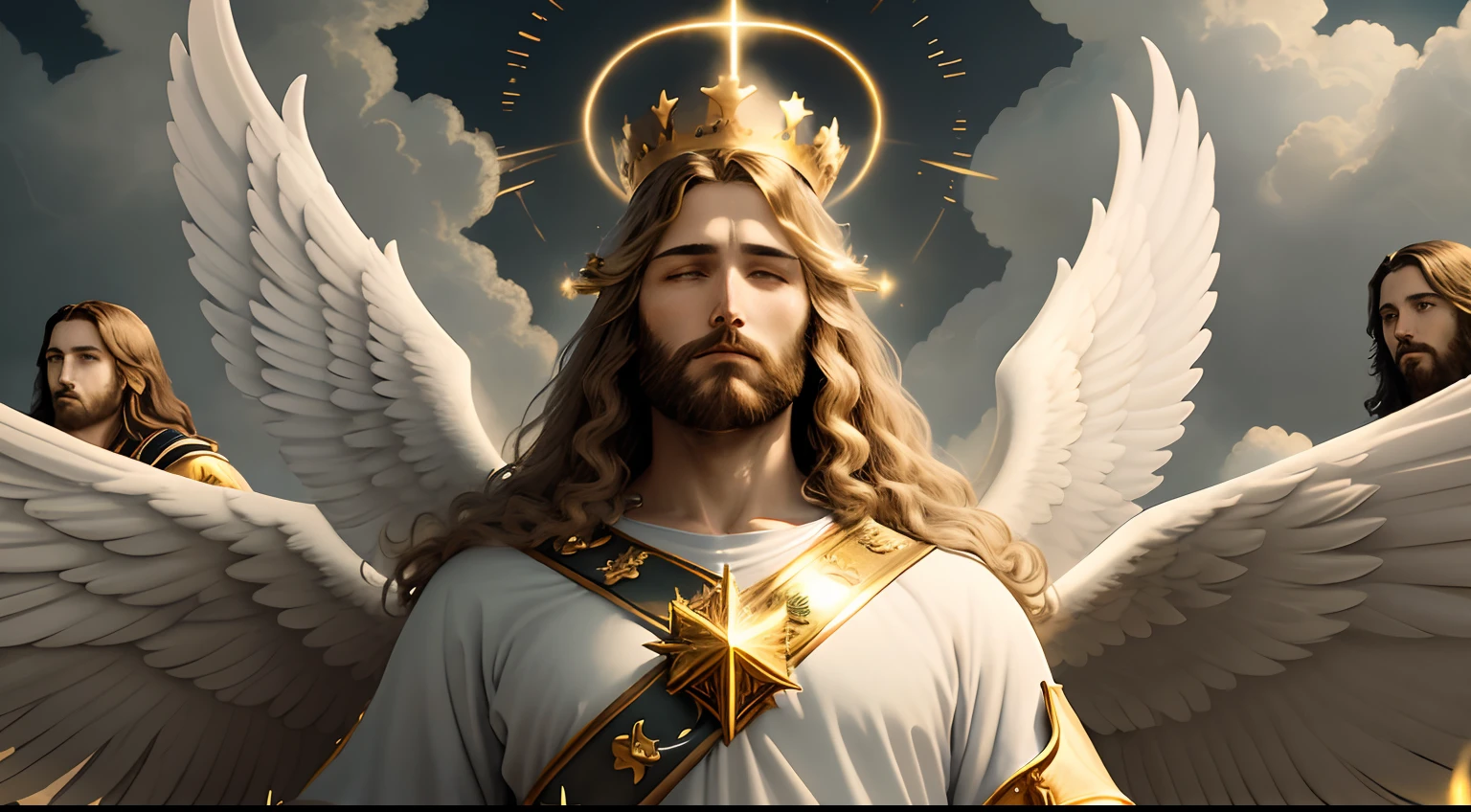 "Amidst the voluminous clouds, Jesus, the majestic king, sits gracefully adorned with a golden crown. In a wide shot, He is accompanied by His army of angels as He prepares to return triumphantly to Earth, surrounded by the ethereal radiance of volumetric light."