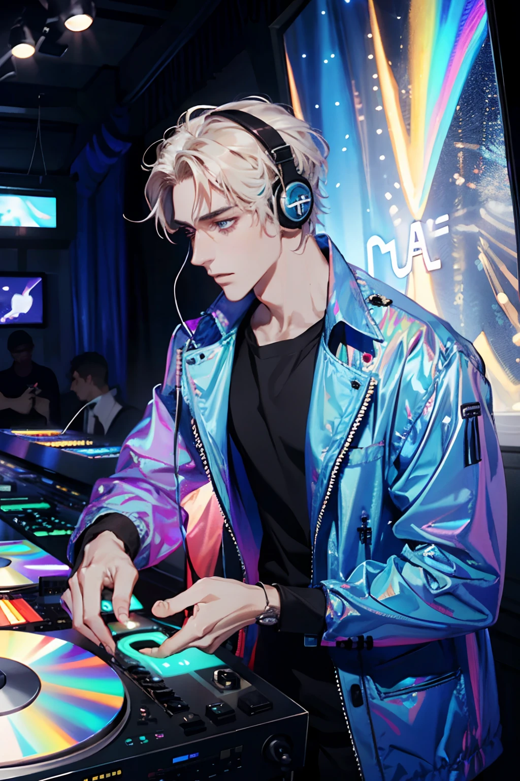 holographic clothing，holographic, (1man), dj, headphone, synthesizer, inside a club, disco light, disco lamp, masterpiece, {{{best quality}}}, {{ultra-detailed}}, {illustration}, cinematic angle, {detailed light},cinematic lighting, handsome man, short hair,