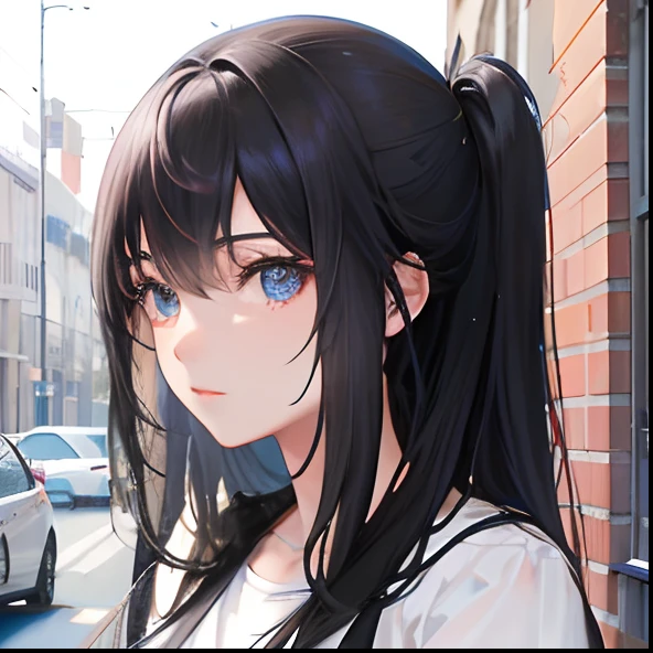 Chica de anime con cabello largo y negro y ojos azules parada frente a un edificio de ladrillos, realistic anime artstyle, Estilo anime semirealista, Estilo realista de anime 3D, Estilo de realismo de anime, Joven chica de anime realista, Estilo de arte de anime realista, Retrato estilo anime, Anime style. 8k, Anime Moe Artstyle, en un estilo anime, Hermoso retrato de anime, en estilo anime