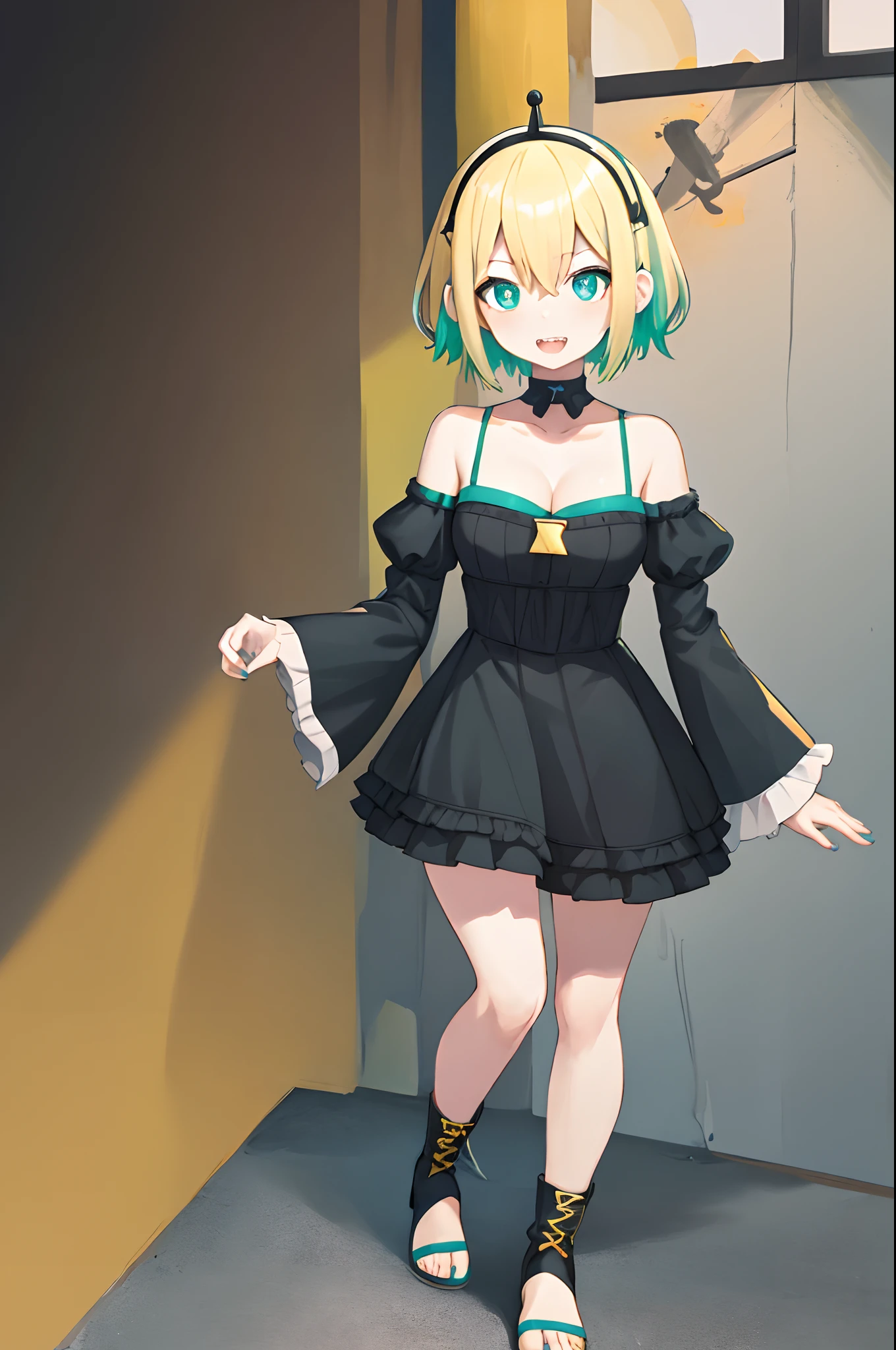 amano pikamee, 1girl, virtual youtuber, solo, sharp teeth, teeth, blonde hair, multicolored hair, hairband,t, two-tone hair, bright pupils, white pupils, breasts, gradient, collarbone, bangs, yellow background, bare shoulders, gradient background, green eyes, black shorts, hair between eyes, green hair, cleavage, short hair, nail polish, aqua nails, wide sleeves,, aqua hair, aqua eyes, spaghetti strap,/upscale Highly detailed, High Quality, Masterpiece, beautiful, ****ta fashion, ****ta hairband, detached collar, black wings, black dress, juliet sleeves, frills, cross, cross-laced dress, knee boots, pantyhose, full body, walking, flipflops