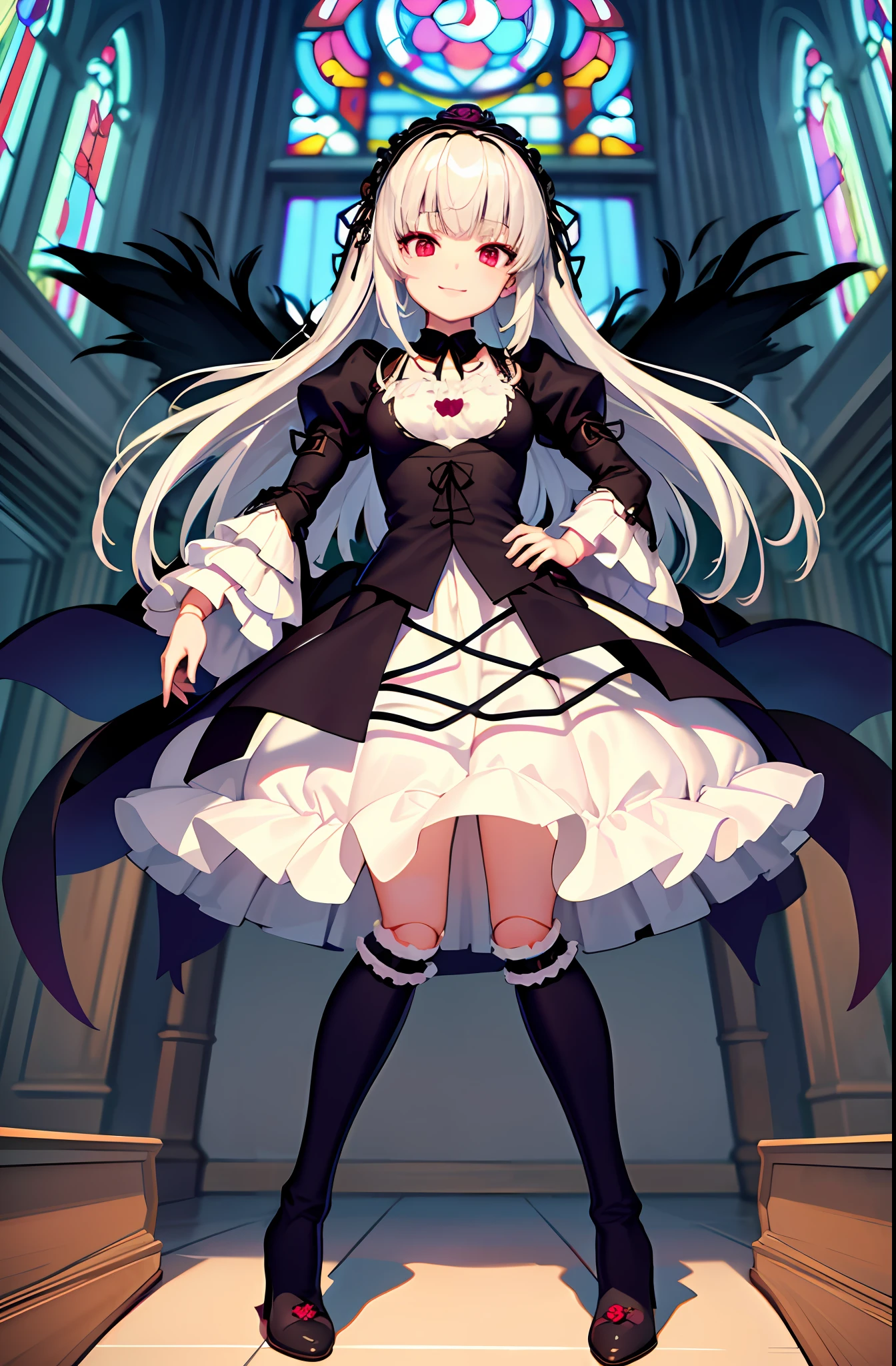 (masterpiece, best quality, detailed, highres), 1girl, solo, indoors, church, stained glass, window, sunlight, hand on hip, evil smile, from below, looking at viewer, suigintou, XXXXXX fashion, XXXXXX hairband, black dress, frills, black wings, knee boots, detached collar, cross, juliet sleeves, cross-laced dress, doll joints <lora:SuigintouV4_1-000014-, full body ,boots