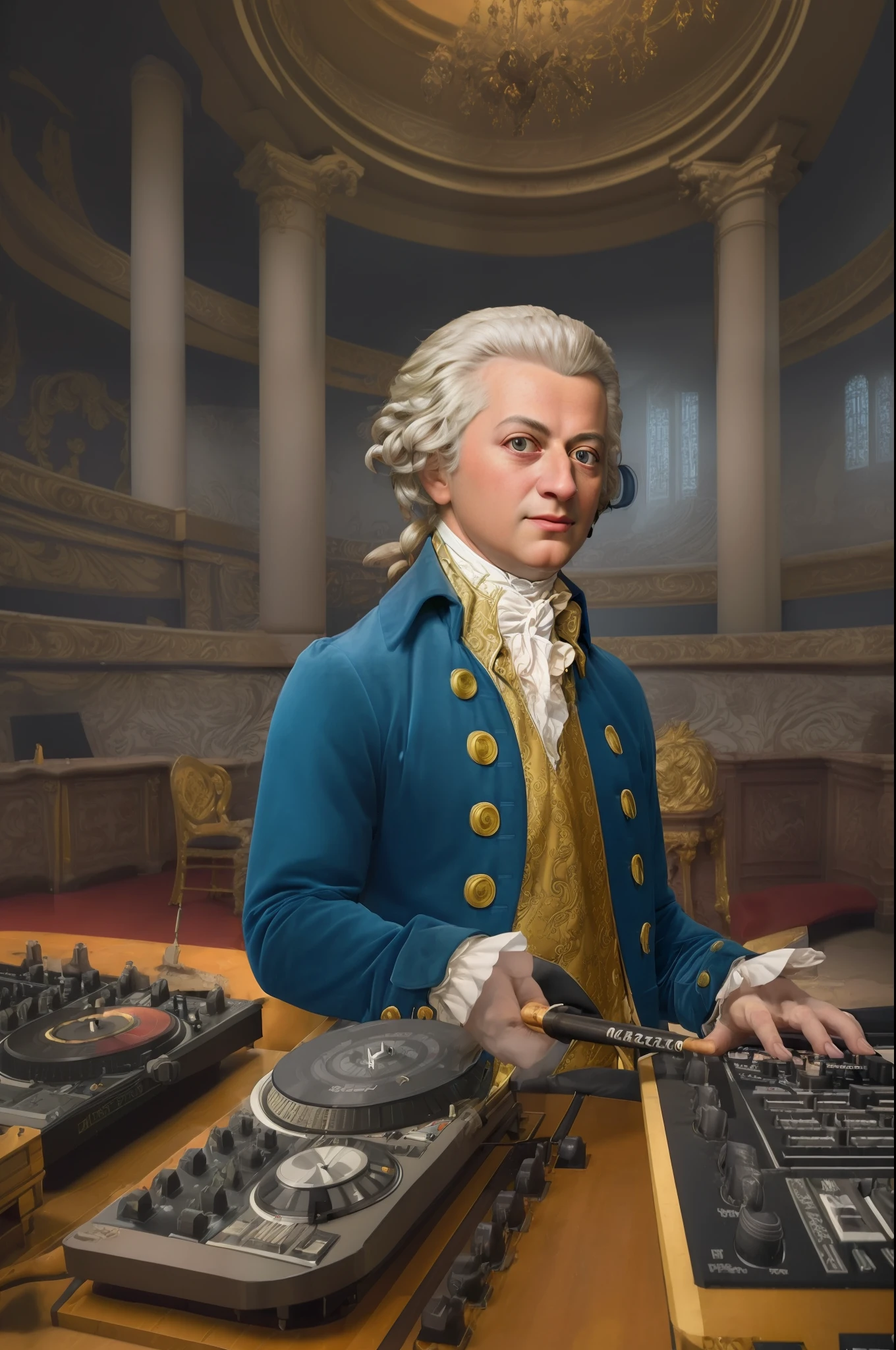 (((masterpiece, best quality, high resolution)))), Extremely detailed, 8K, (ultra detailed) wallpaper, ultra wide shot, photorealism, a amadeus man, Wolfgang Amadeus Mozart (Masterpiece, ultra detailed, best quality), being a DJ in a DJ booth (Masterpiece, ultra detailed, best quality) wearing a shirt that written on it "Mozart Rock", european music hall background (Masterpiece, ultra detailed, best quality)