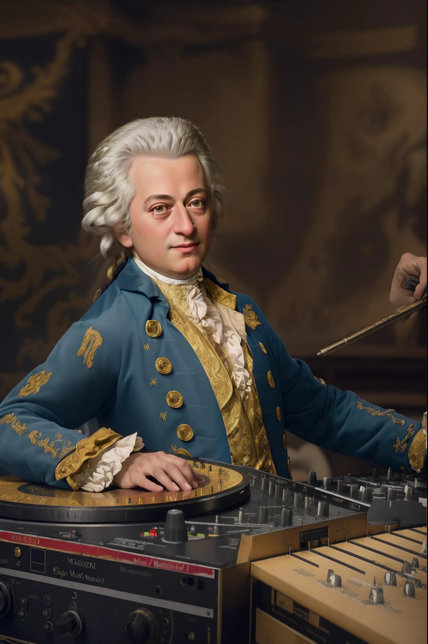 (((masterpiece, best quality, high resolution)))), Extremely detailed, 8K, (ultra detailed) wallpaper, ultra wide shot, photorealism, a amadeus man, Wolfgang Amadeus Mozart (Masterpiece, ultra detailed, best quality), being a DJ in a DJ booth (Masterpiece, ultra detailed, best quality) wearing a shirt that written on it "Mozart Rock", european music hall background (Masterpiece, ultra detailed, best quality)