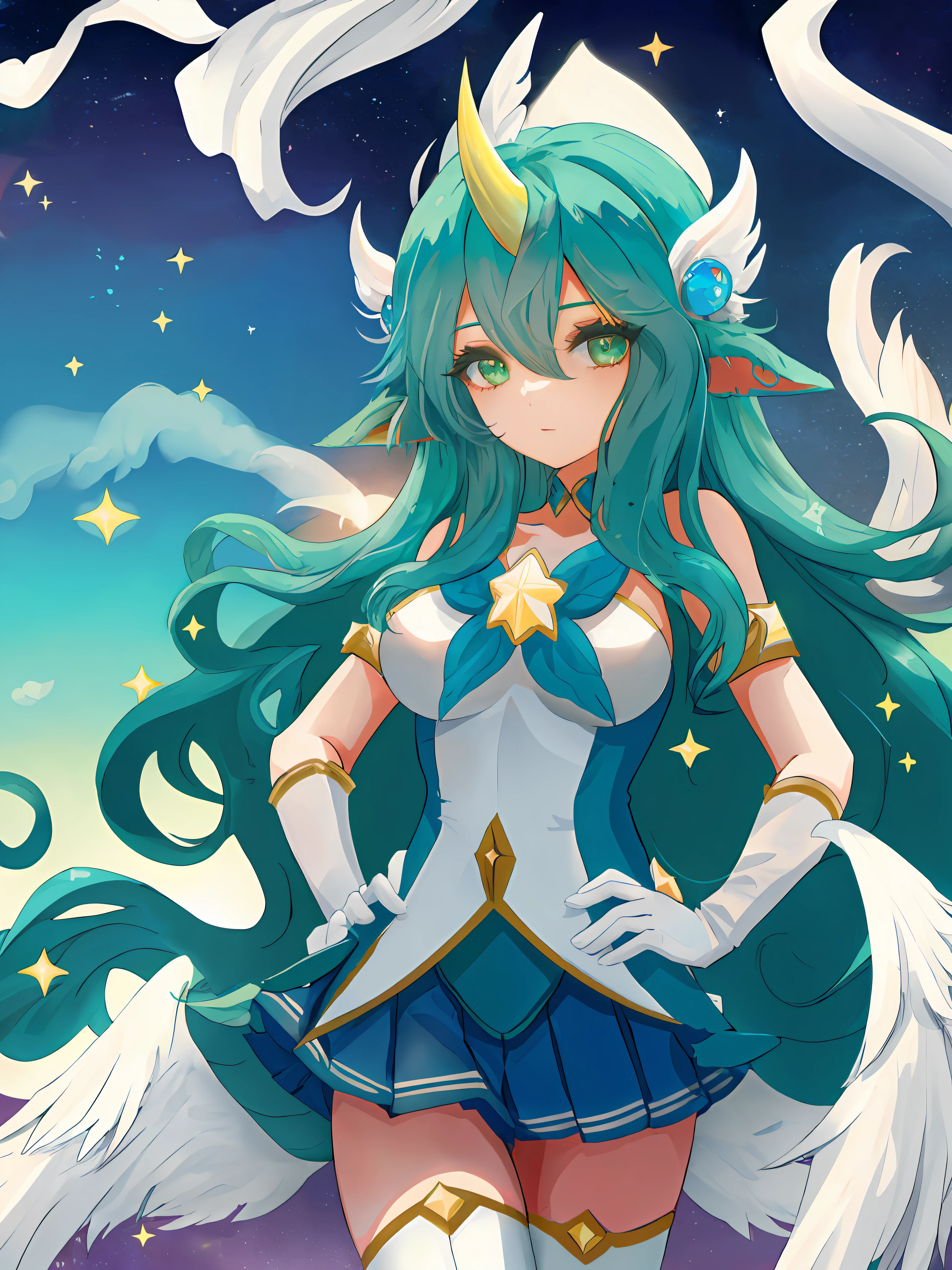 beach, soraka \(league of legends\), star guardian \(league of legends\), hands on hip, star guardian soraka, league of legends, highres, 1girl, alternate costume, alternate eye color, alternate hair color, alternate hairstyle, asymmetrical gloves, breasts, cowboy shot, gloves, green hair, horns, long hair, low wings, single horn, solo, thighhighs, uneven gloves, very long hair, white gloves, white thighhighs, white wings, wings