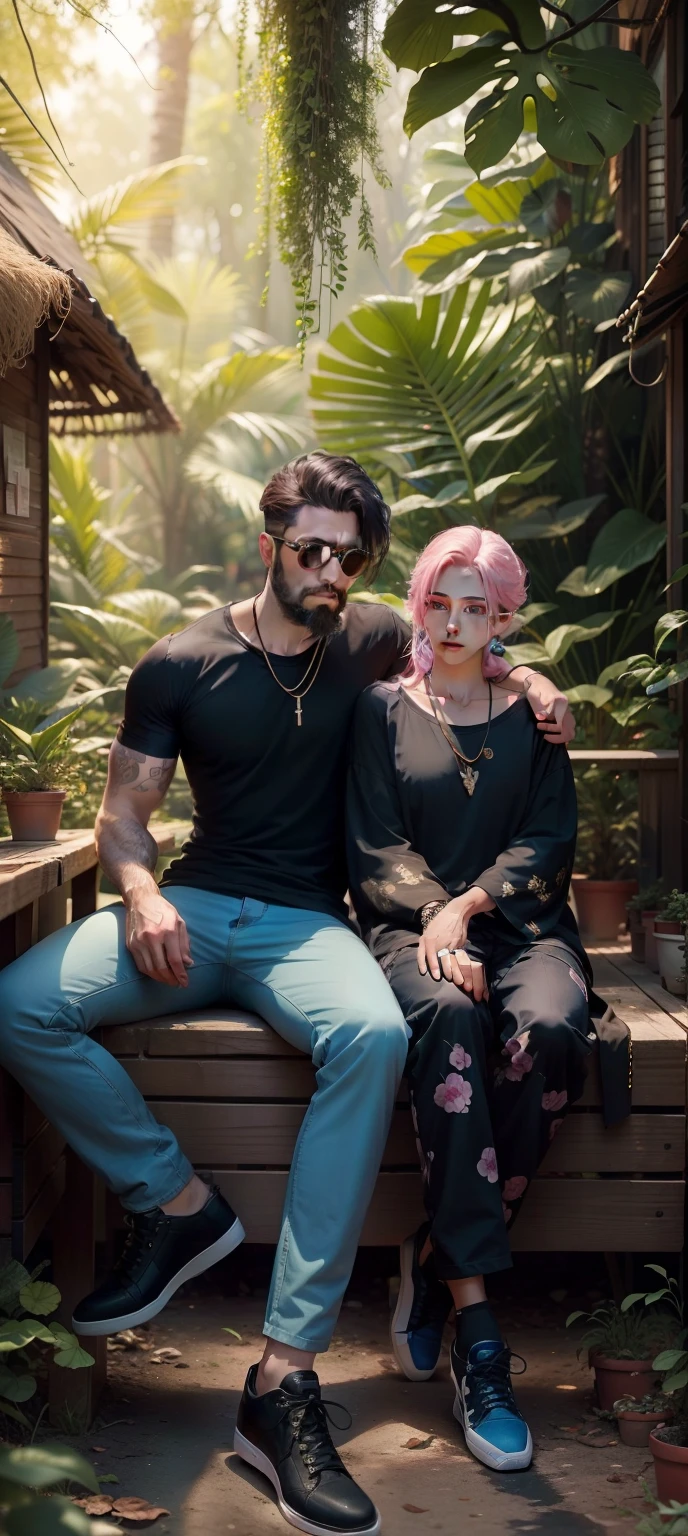 a very handsome charming very good looking 23 year guy with a beard and a very beautiful cute face girl setting next to each other boy wearing a black t shirt with a gold chain in neck and blue jeans with black shoes,girl wearinga long shirt with blue and white prints with white pajamas and pink shoes both wearing stylishly sunglasses and sitting on a straight table ina jungle behind them , there are trees behind them , ultra realistic,8k ultra hd ,ultra realistic photography,ultra HD