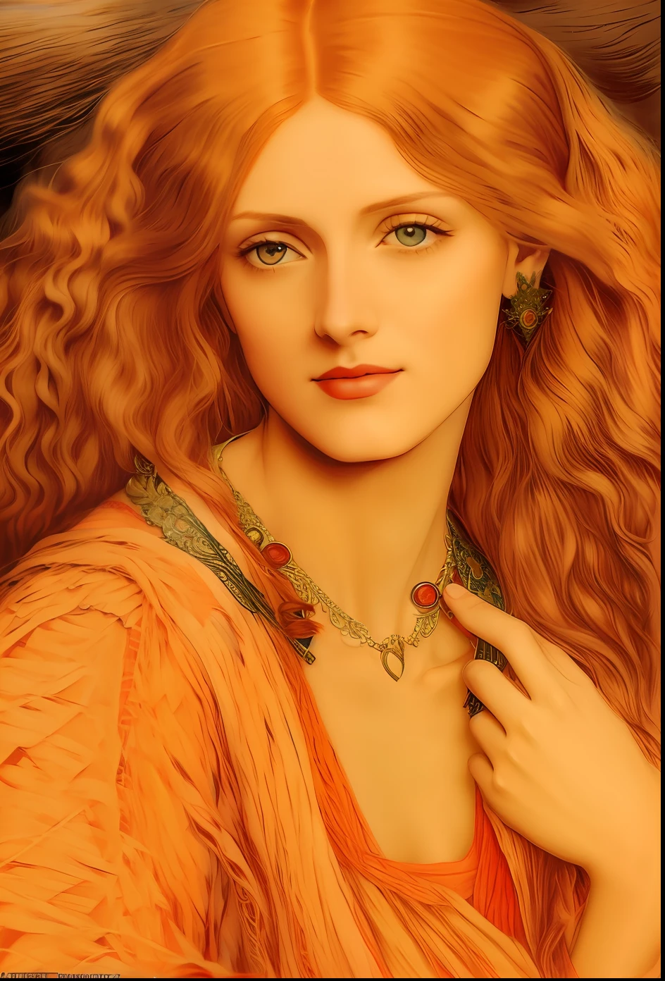 a drawing，It depicts a woman with red hair and a necklace, Y Pre-Raphaelite, Front - Raphaelite beautiful, Front - Raphaelite style, Pre-Raphaelite style, Front - Raphaelite style, Pre-Raphaelite, pre-raphaelite paintings, pre-raphaelite paintings, Pre-Raphaelite, Former - Raphaelite