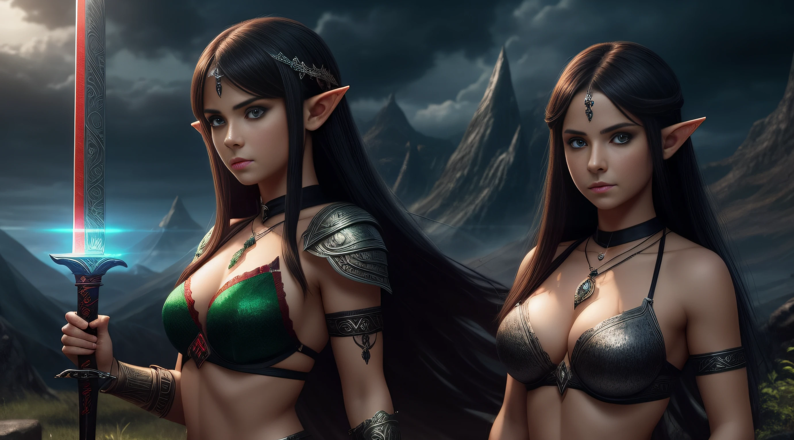 Emerald glowing eyes, tiny female warrior, black and red short skirt, black and red chainmail bra, magical elf sword with runes, silver necklace with blue gem pendant, dark sky, ultra realistic detailed face, detailed eyes, beautiful, green glow background, mountains, dark medium long hair, small breasts, small boobs, small waist, 1girl, cute butt, posing, seductive, sword in hand
