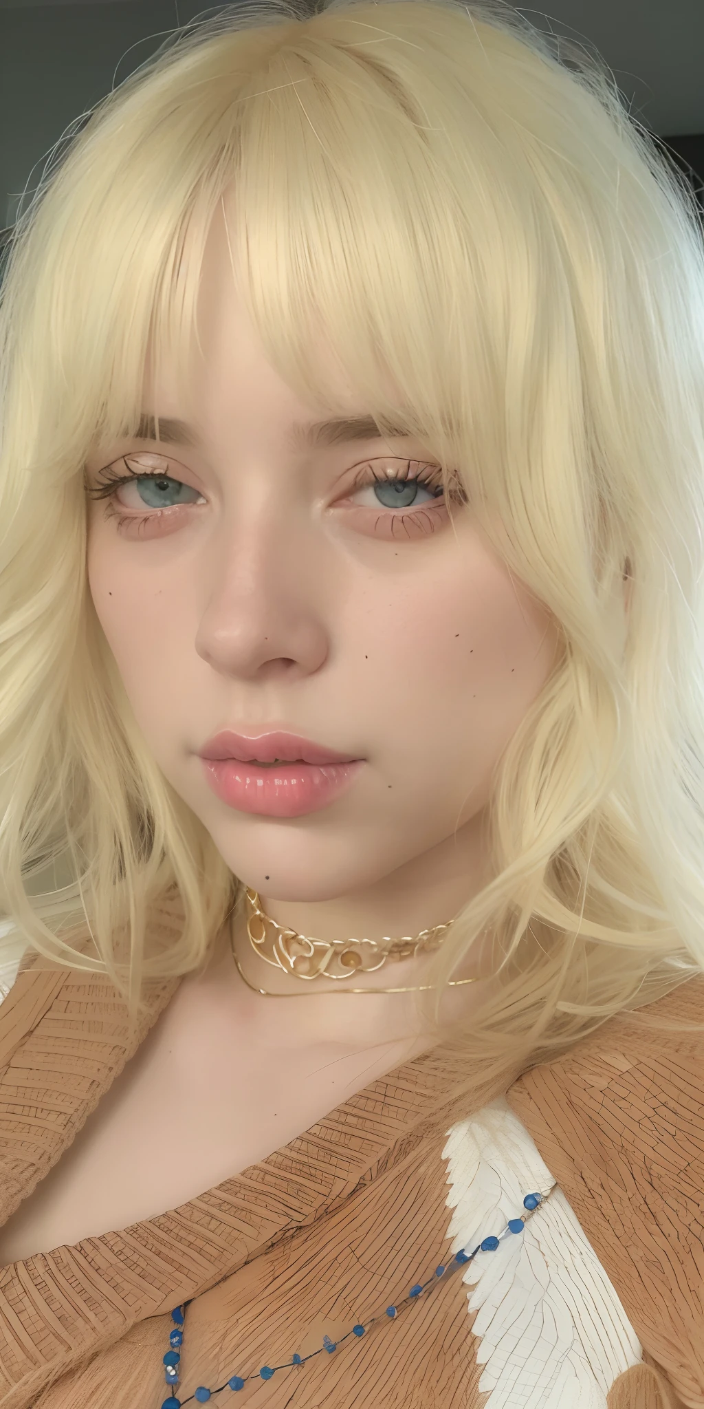 Leina, bicolor hair, left side of her hair dyed in blonde, right side of her hair dyed in black, annoyed, , looking at the camera , , ,nude, , , exhaust, , ,in her bed, , medium hair, close up , showing her breasts , tits