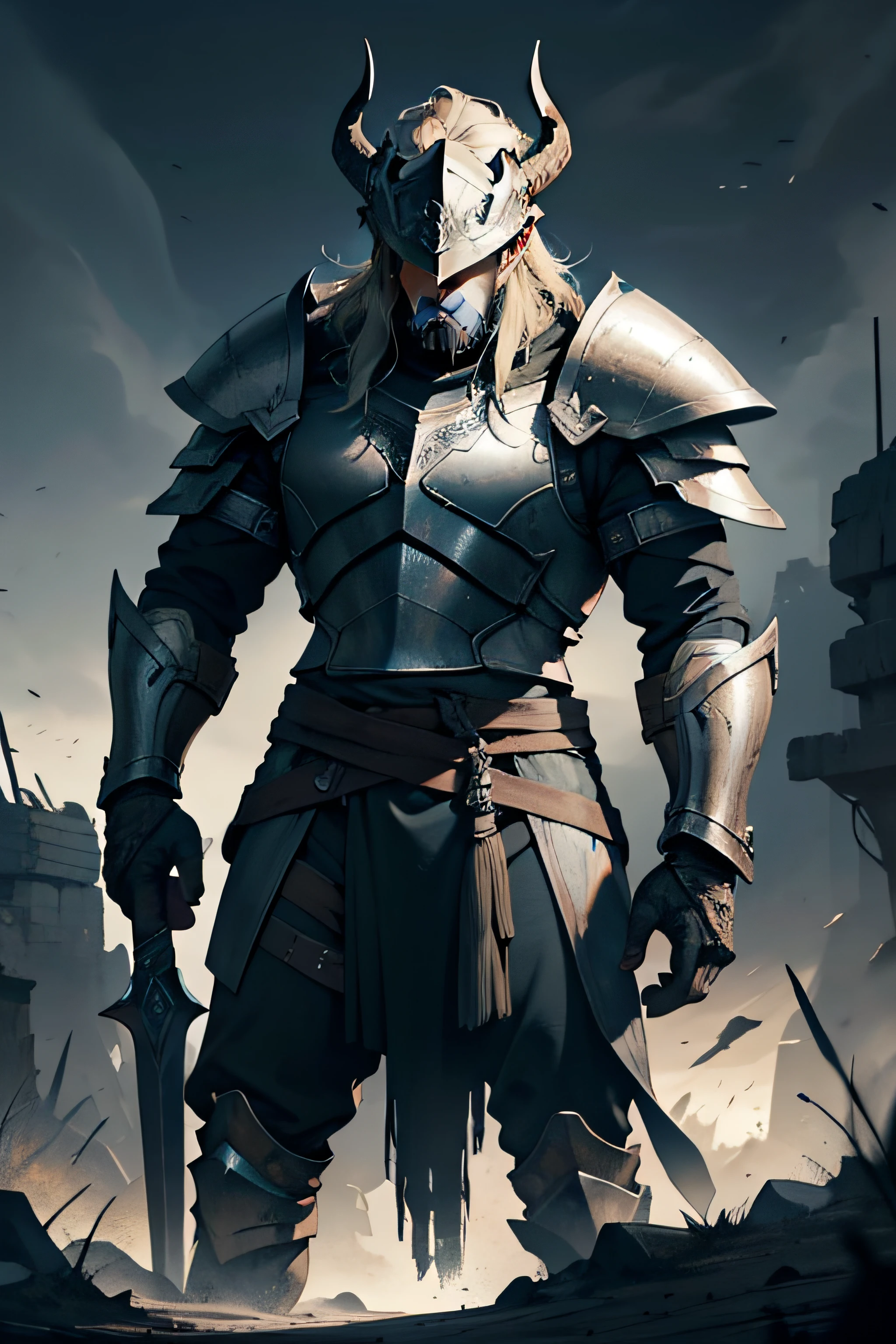 A powerful and fearless Viking stands in the middle of a battlefield, surrounded by debris of broken shields and abandoned weapons. He is wearing armor adorned with rustic details, and his expression is serious and focused. In one hand, ele empunha um martelo de guerra com runas entalhadas no cabo, while the other hand holds a helmet with imposing horns.