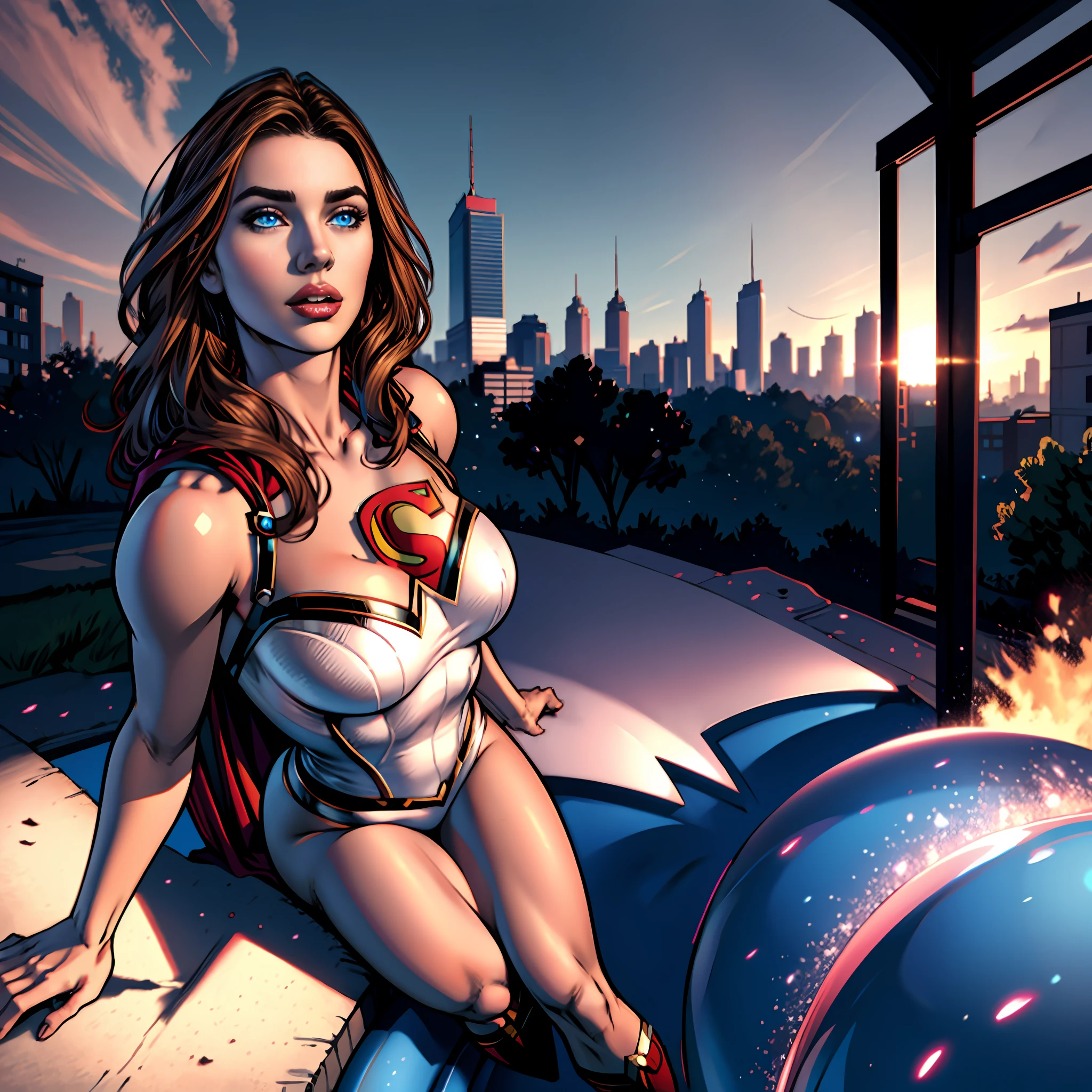 Supergirl, blue eyes, solo, voluptuous, long hair, outdoors, specular highlights, side lighting, detailed face, detailed eyes,