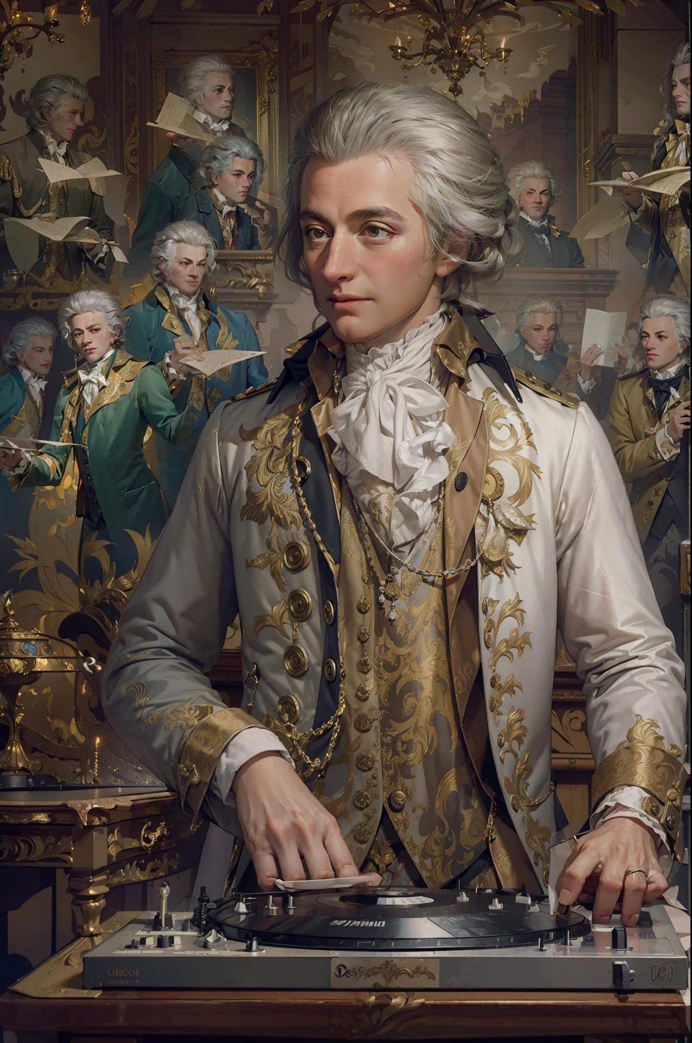 (((masterpiece, best quality, high resolution)))), Extremely detailed, 8K, (ultra detailed) wallpaper, ultra wide shot, photorealism, a amadeus man, Wolfgang Amadeus Mozart (Masterpiece, ultra detailed, best quality), being a DJ in a DJ booth (Masterpiece, ultra detailed, best quality) wearing a shirt that written on it "Mozart Rock", european music hall background (Masterpiece, ultra detailed, best quality)