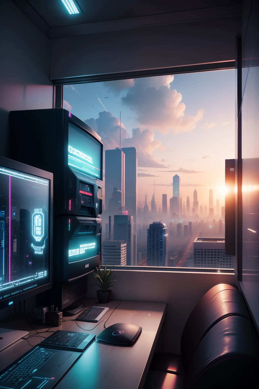 crie uma pixel arte, de um quarto,com um mega computador, com uma janela, tem uma vista para uma cidade cyberpunk