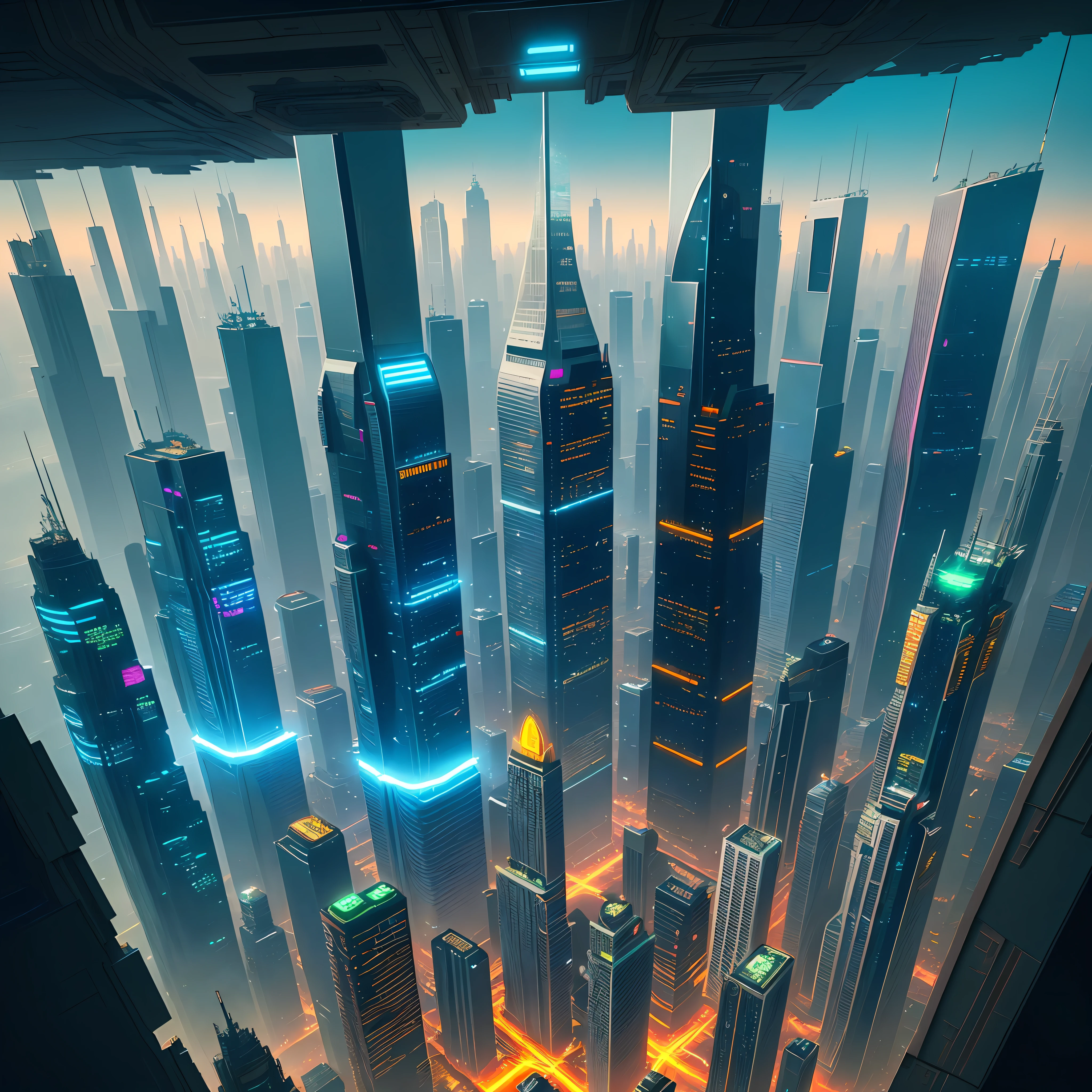 Skyscrapers from above the earth Cyberpunk sci-fi top quality ultra high resolution masterpiece perfect neon