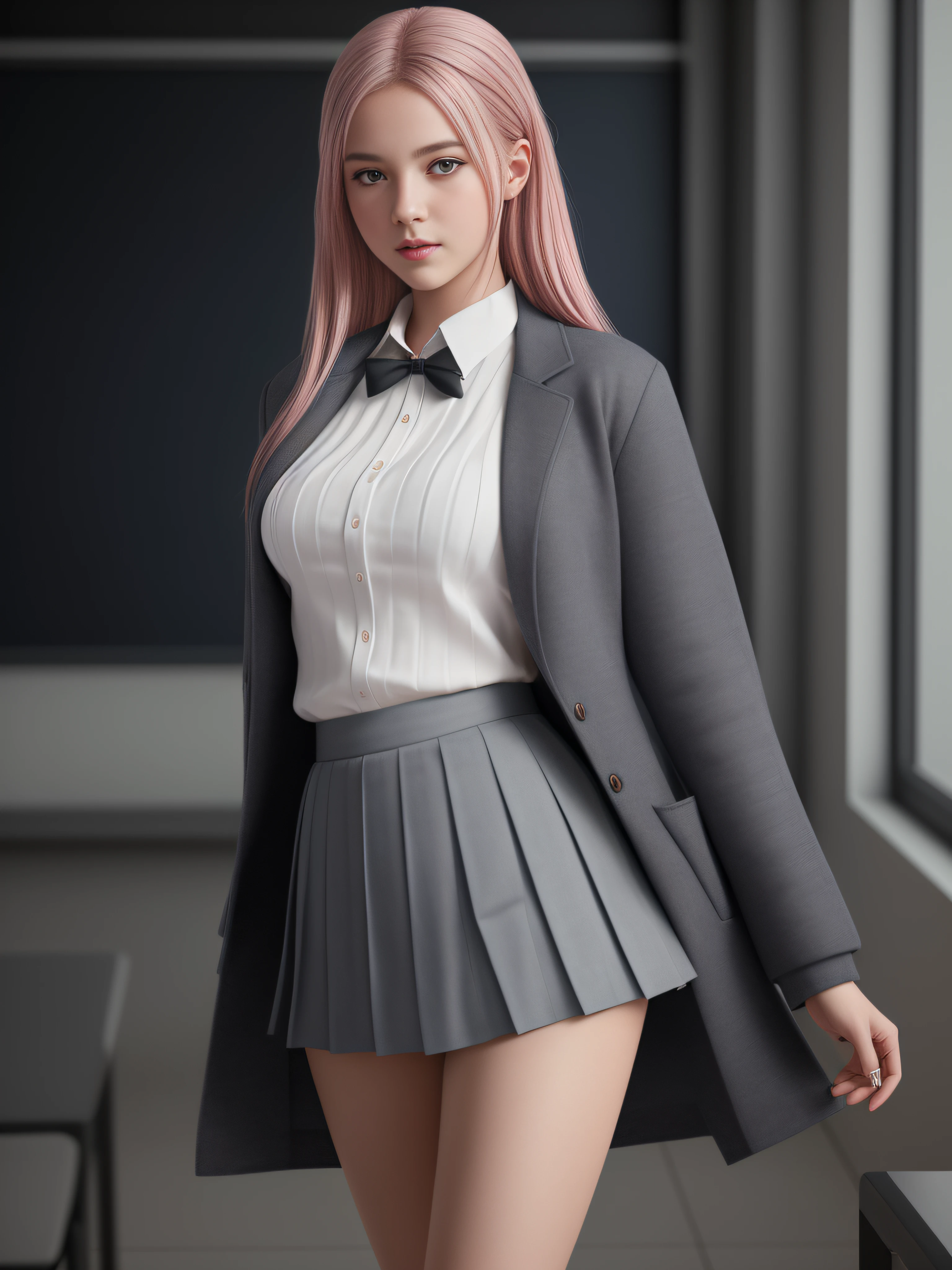 A 17-year-old European schoolgirl, in high school on a winter day, /((pink hair, perfectly ultra-detailed almond-shaped red eyes, white skin, thin lips, thin nose, tapered hands, highly detailed perfect fingers, hourglass body, perfect hips, small waist, shapely legs, sexy)), /((Schoolgirl uniform: gray mini-skirt with pleats, white short-sleeve blouse, gray sweater, dark blue jacket)), hyperdetailed painting, luminism, Bar lighting, complex, 4k resolution concept art portrait by Greg Rutkowski, Artgerm, WLOP, Alphonse Mucha, high definition, cinematic, neoprene, behance contest winner, portrait featured on unsplash, stylized digital art, smooth, ultra high definition, 8k, unreal engine 5, ultra sharp focus, intricate artwork masterpiece, high definition, Luminous Studio graphics engine,