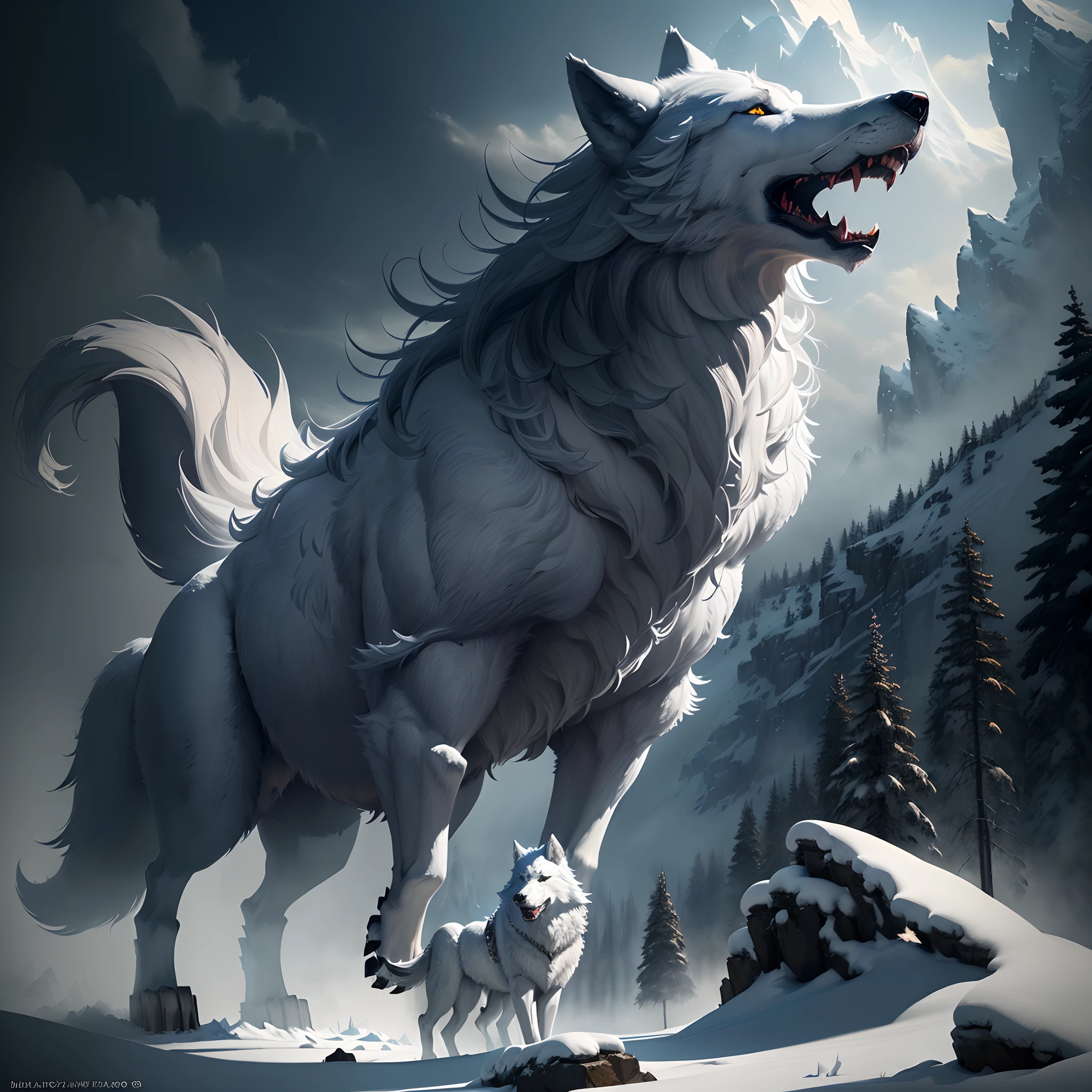 there is a wolf and a dog standing in the snow, riding a giant silver wolf, great wolf, dire wolf, white wolf, a white wolf, fantasy wolf portrait, realistic fantasy illustration, detailed game art illustration, trending on artstation hq, 4k fantasy art, trending on artstation 4k, fenrir, epic fantasy art style, epic fantasy digital art style
