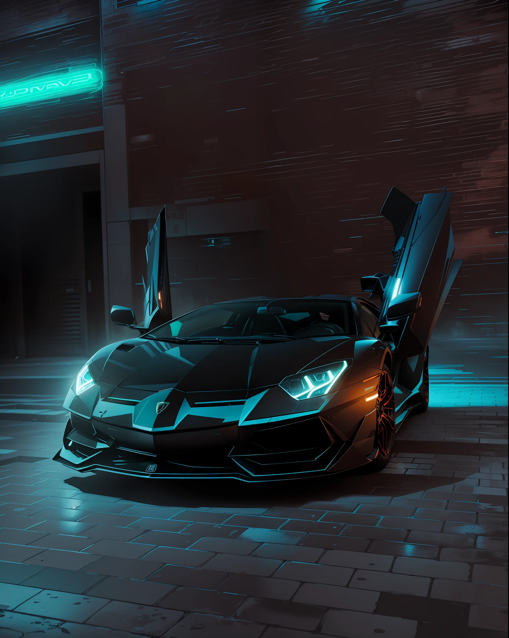 A Lamborghini Aventador in syberpunk street unreal neon lighting ; unreal ultra syberpunk sky