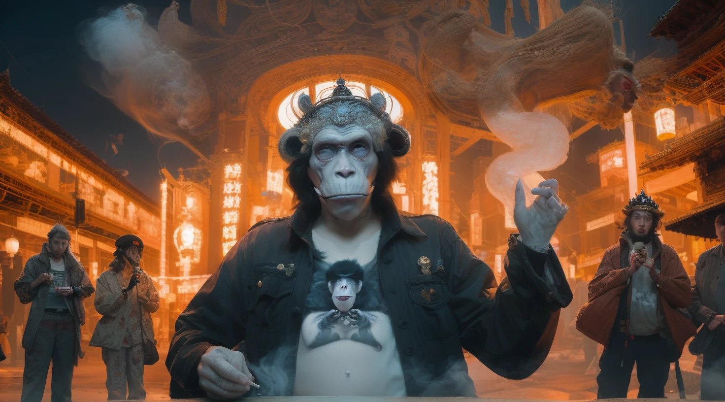 a cartoon monkey wearing a crown and smoking a cigarette, rat with crown, rat king, royal attire akira, by derek zabrocki, inspired by Alex Petruk APe, bored ape nft, rasputin as grubhub character, god save the queen!!!, monkey, by Alex Petruk APe, by Jeka Kemp, extremely high quality artwork, very good image positive_v1.3, ng_deep positive_v1_75t, (beautifull face:0.8),cross-eyed,sketches, (beast quality:2), (high quality:2), (good quality:2), ((monochrome)), ((gray scale)), skin spots, acnes, good anatomy, Deep Positive, facing away, tilted head, good anatomy, giood hands, 8kk quality, good feet, cropped, best quality, high quality, best quality, jpeg artifacts, fewer digits, long neck, cross-eyed, polar lowres, good body, good proportions, gross proportions, ((repeating hair)).