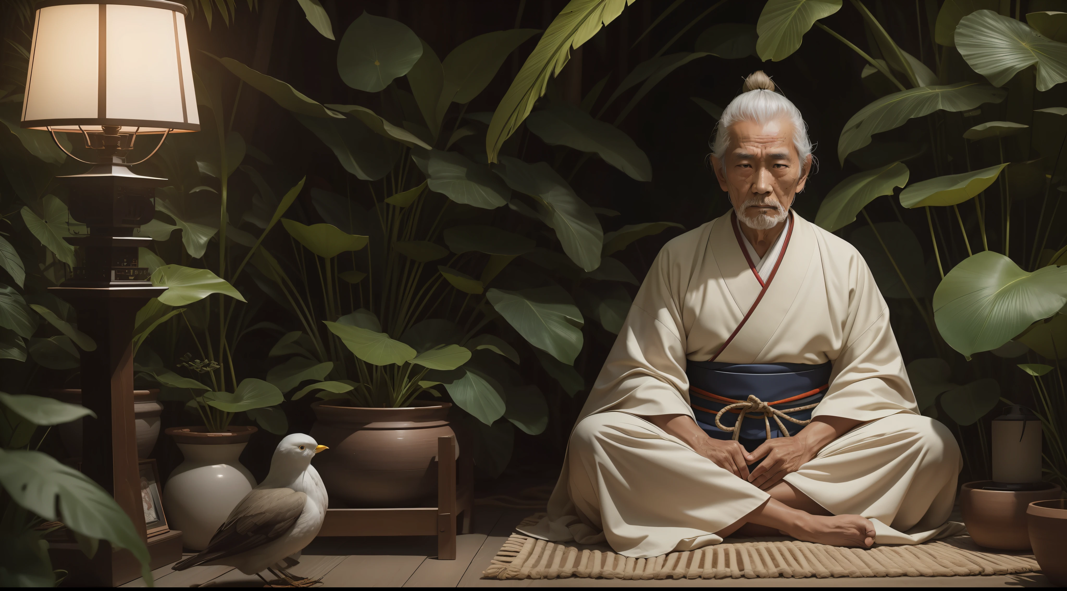 Powerful work, beautiful elderly samurai meditating on the jungle in the afternoon between birds, Lotus position, (high detail: 1 1), rough face, natural skin, high quality, nsfw, beautiful eyes, (face and detailed eyes), (face : 1 2), noise, extra, real photo, .PSD, lamp film photography, clear focus, contrast light, detailed skin, high resolution 8K, crazy detail, realistic, professional photography, 8k UHD, SLR camera, lighting soft, high quality, film grain, fujifilm xt3