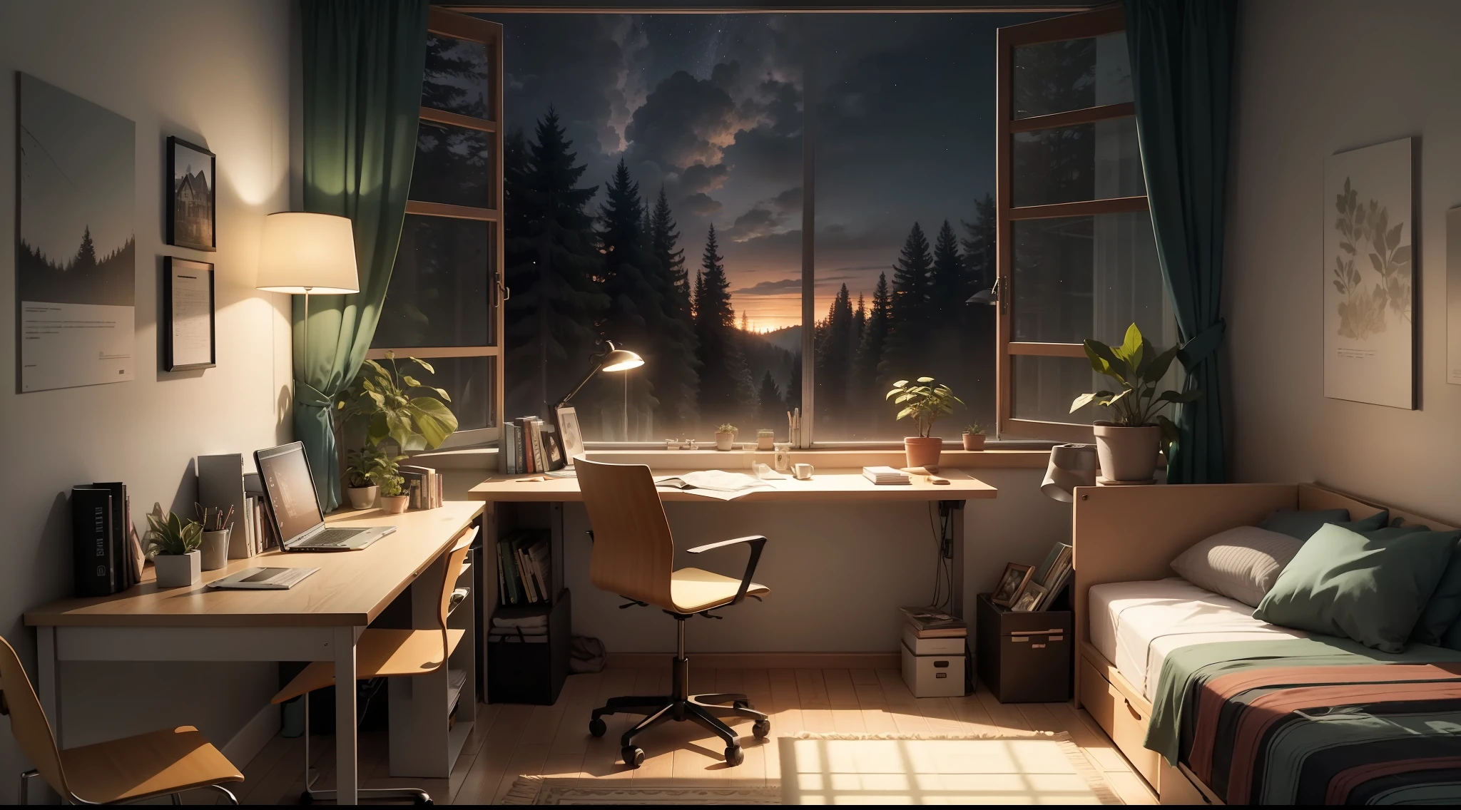 Teenager's room, Study by the window, Study on the bed, Window overlooking the forest, the night, Night Forest, Room at night