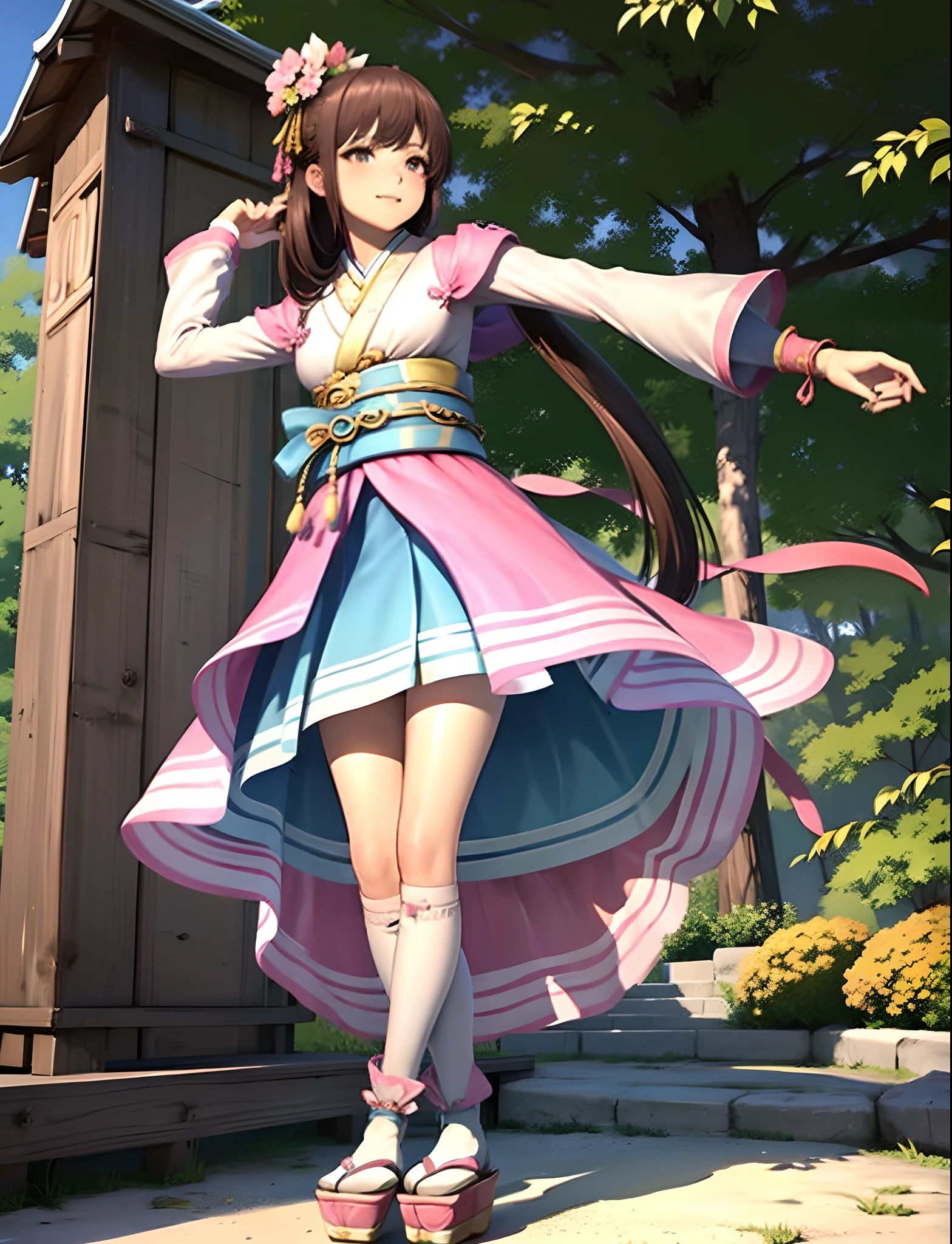 extreme quality CG、Hires、foco nítido、(Clearly drawn face、beautiful finely detailed eyes、super-detaild skin)、((1girl in))、((独奏))、((a beautiful detailed girl))、Estimated 、wretched、Gentle mercy、Beautiful princess、 SW3 Oichi、Brown hair、(Semi-long)、Tie your hair behind your head、hair adornments、Brown eyes、middlebreasts、Detailed hand、Detailed feet、white shirt、Pink kimono、long-sleeve、(White Tabi High Socks)、Red sandals、Pink high-low skirt、Wear a miniskirt under a high-low skirt、Blue mini skirt、Wearing a blue miniskirt and a pink high-low skirt、full body Esbian、is standing、Feminine、florals、skyporn、Wagas、nobara、Beautiful light expression、Japanese landscape