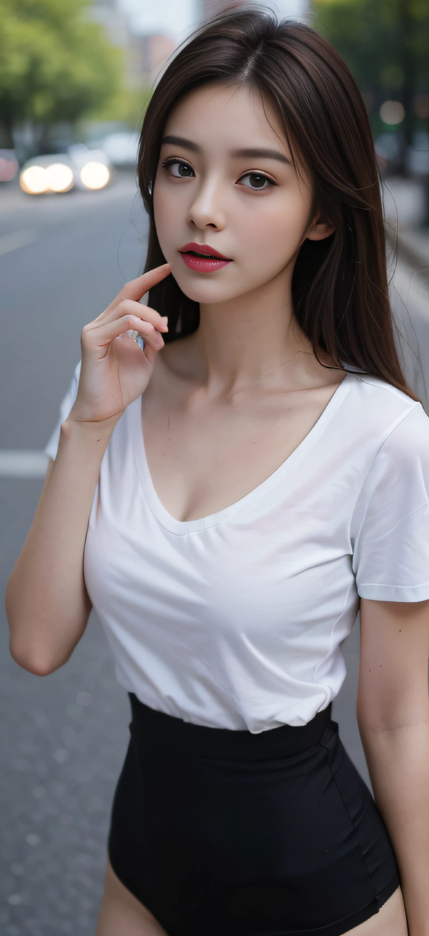 neat college girl、(white t-shirts、The skirt is dark blue、shortsleeves)、Outside the field、(Slimed)、Photorealsitic、detaileds, Skin texture, ultra-detailliert、Delicate and sexy collarbone、a smile、Super detailed face、detailed lips、A detailed eye、二重まぶた、tiny chest、Smaller chest、small tit、Small、flat breast、Chest emphasis
