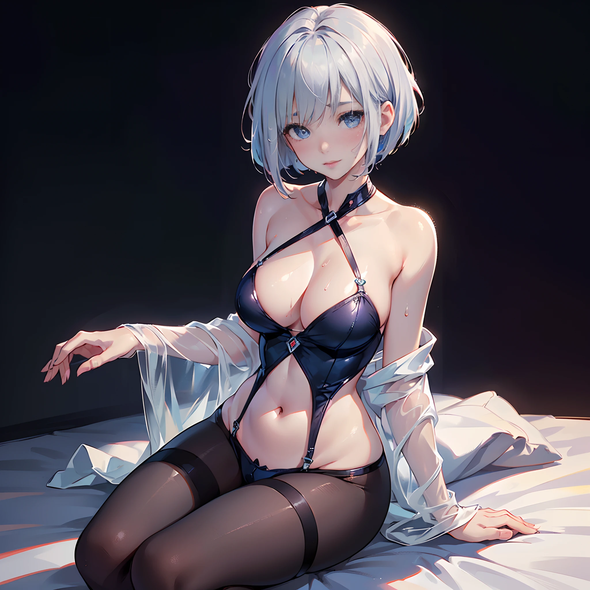 (((Top image quality)))、animesque、silber hair、blue eyess、Full body black tights、((Large breasts、Seductive udder)）、(toppless)、an lingerie、Bob Cut Hair、Lifelike face、Sweaty skin、Clear eyes、Sharp face lines、Inviting eyes、Blushing cheeks、on the beds、Realistic fingers