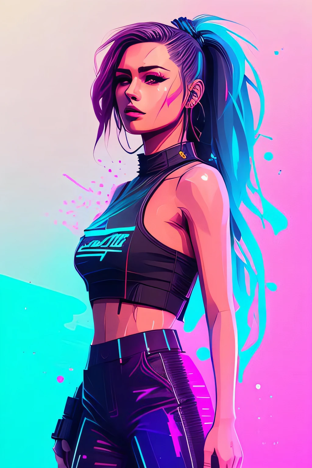 snthwve style nvinkpunk award winning half body portrait of a woman in a croptop and cargo pants with ombre navy blue teal hairstyle with head in motion and hair flying, paint splashes, splatter, outrun, vaporware, shaded flat illustration, digital art, trending on artstation, highly detailed, fine detail, intricate