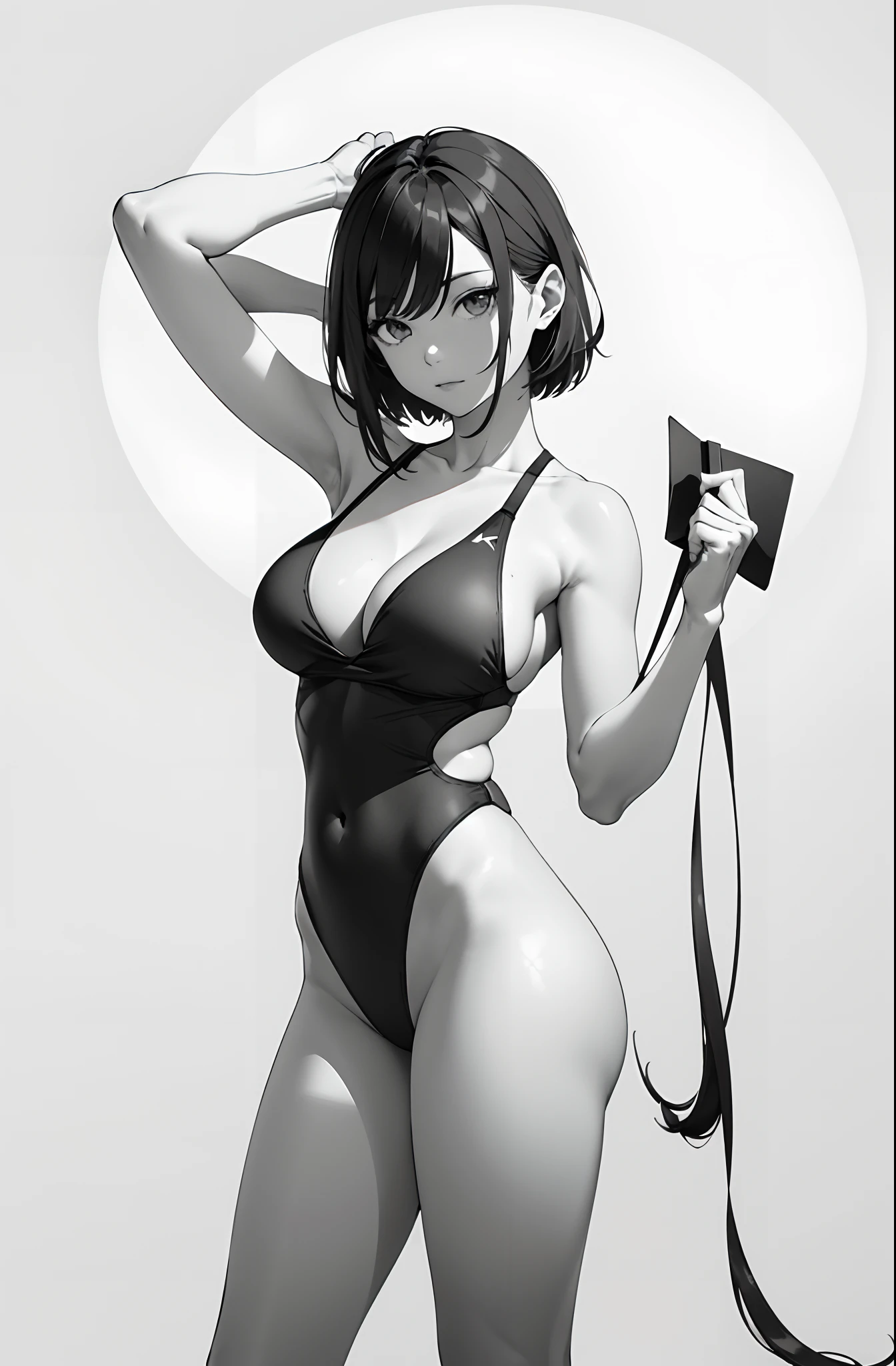 hoang lap，A high resolution，ultra - detailed，（1girll：1.3），Create minimalist designs，with clean lines，Simple shape，Focus on composition and balance。Capture low-light images，Lighting is minimal，And focus on the subtle details and atmosphere of the scene。With delicate lines、Flat colors and images inspired by patterns and compositions。brassier，Large breasts，High-fork swimsuit，F-cup，short black straight hair，long whitr hair，Female Martial Artist