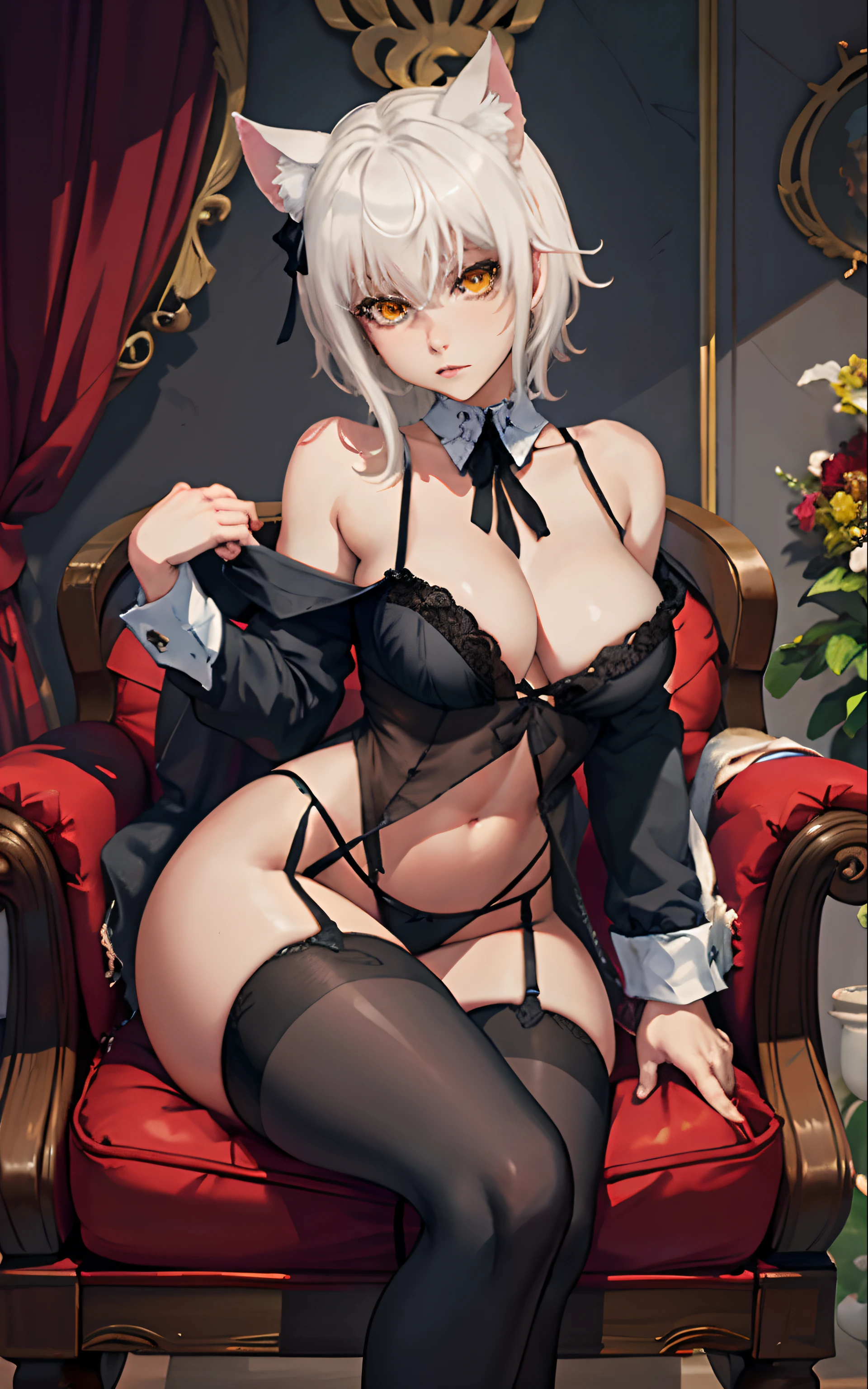 black negligee, black panties, thong, collarbone, masterpiece, best quality, high resolution, dark persona, watercolor painting theme, cum on face, cum on chest), (looking at the viewer: 1.1), wide hips, big ass, tojo koneko, yellow eyes, white hair, short hair, cat ears, pinched ears, shirt, black ribbon around the neck, erotica, legs apart, sitting on a chair