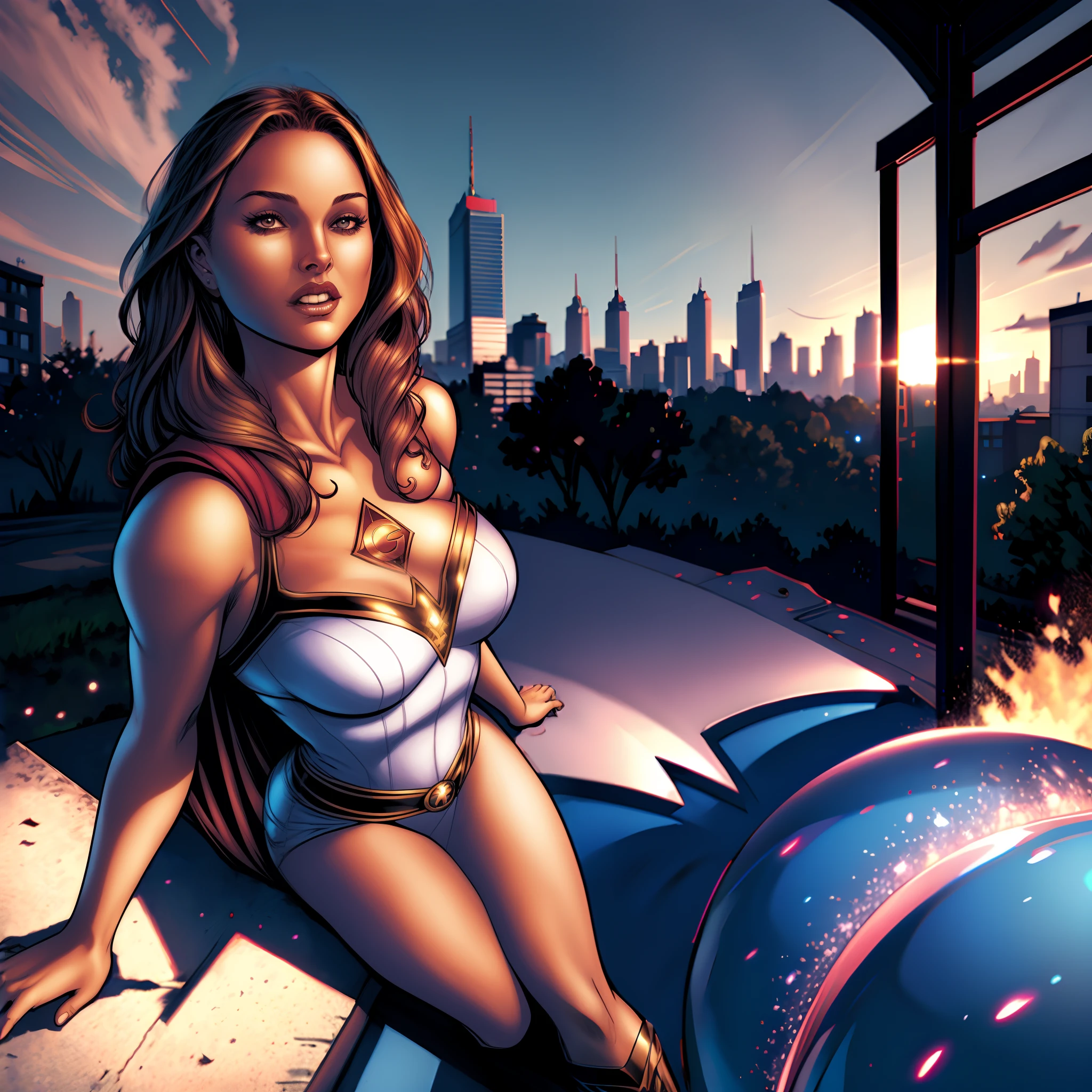 arafed woman sitting on a ledge with a city in the background, comic digital art, beautiful comic art, zenescope, dc comics art style, comic artwork, power girl, comics style art, high detail comic book art, supergirl, 8k comic art, comic cover art, comic book style art, official art, comic book art style