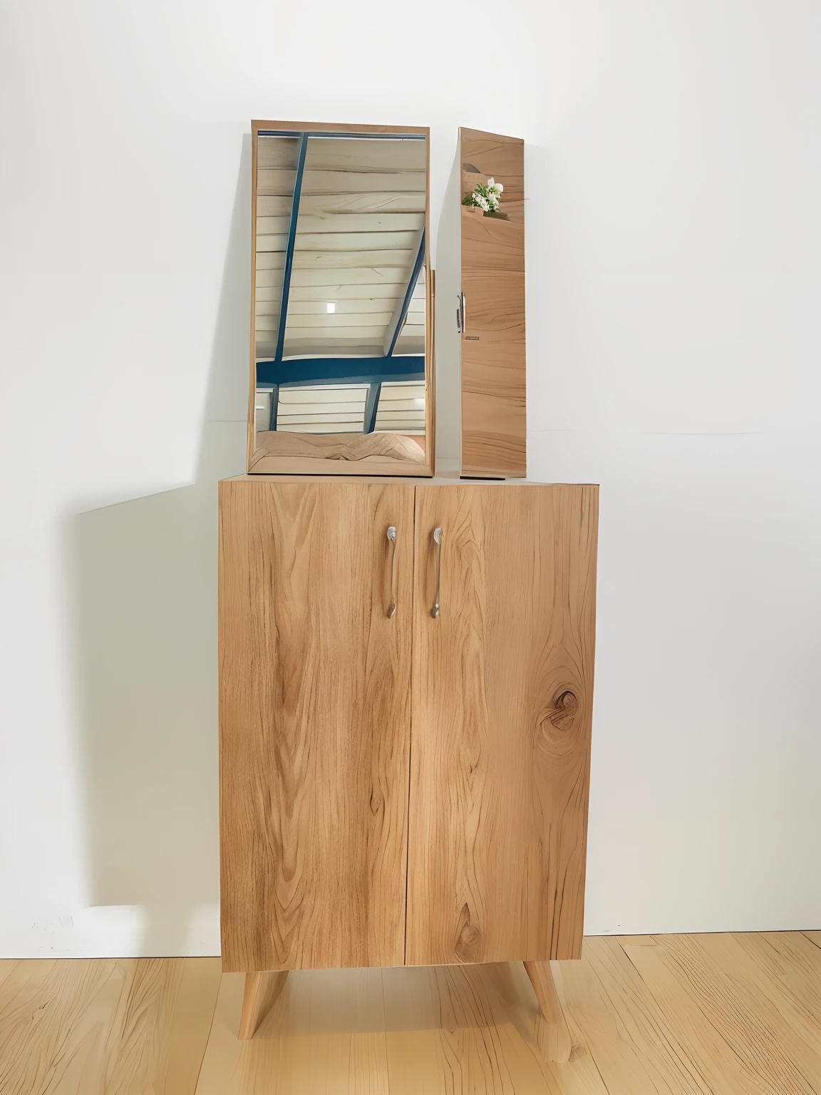 there is a wooden cabinet with a mirror on top of it, wooden cabinet, cabinet furniture, oak, 155 cm tall, two wooden wardrobes, 165 cm tall, cupboards, with detailed wood, high quality upload, cabinets, wooden furtniture, by Tom Wänerstrand, 🎀 🗡 🍓 🧚, full subject shown in photo 3D,3D