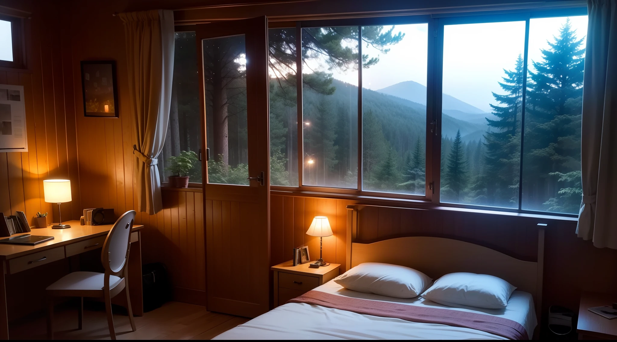Teenager's room, Study by the window, Study on the bed, Window overlooking the forest, the night, Night Forest, Room at night