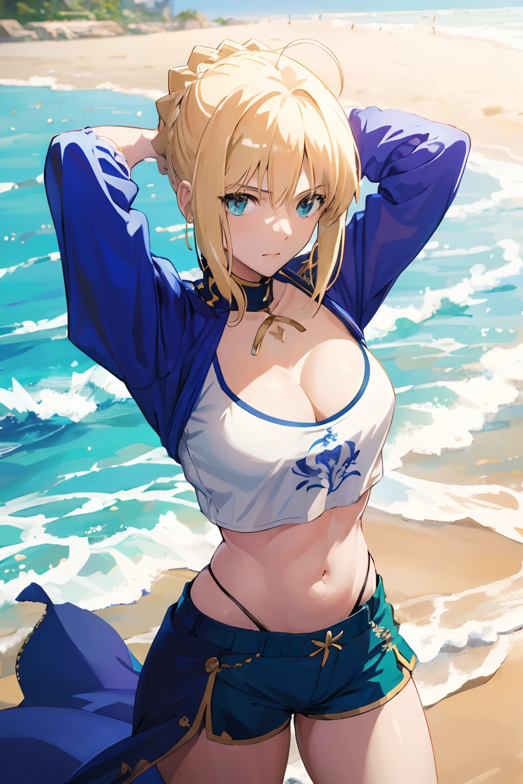 (masterpiece:1.4), (best quality:1.4), realistic, 1girl, artoria pendragon \(fate\) , short shorts, white shirt,  beach, cleavage,crop top