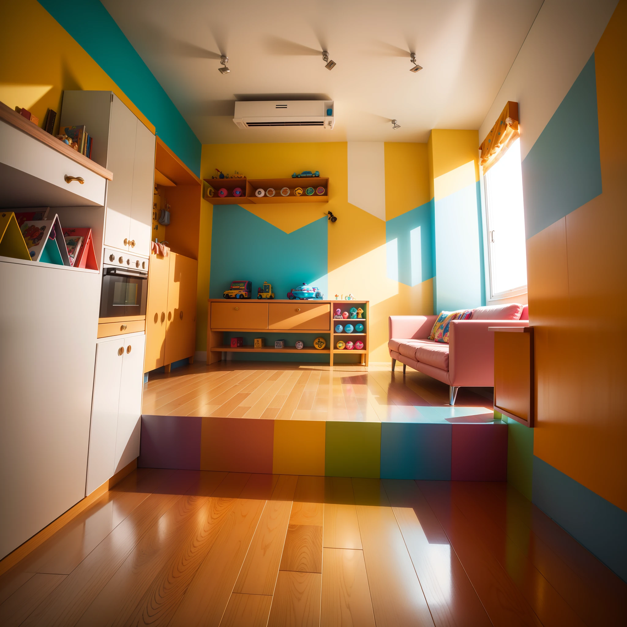 Sala de brinquedo, Quarto especial, cores alegres, Paredes modernas, lindo tapete, luzes especiais, Classic furniture, several different toys, brinquedoteca, Hiper realista, super realísta, 8k. Several different models.