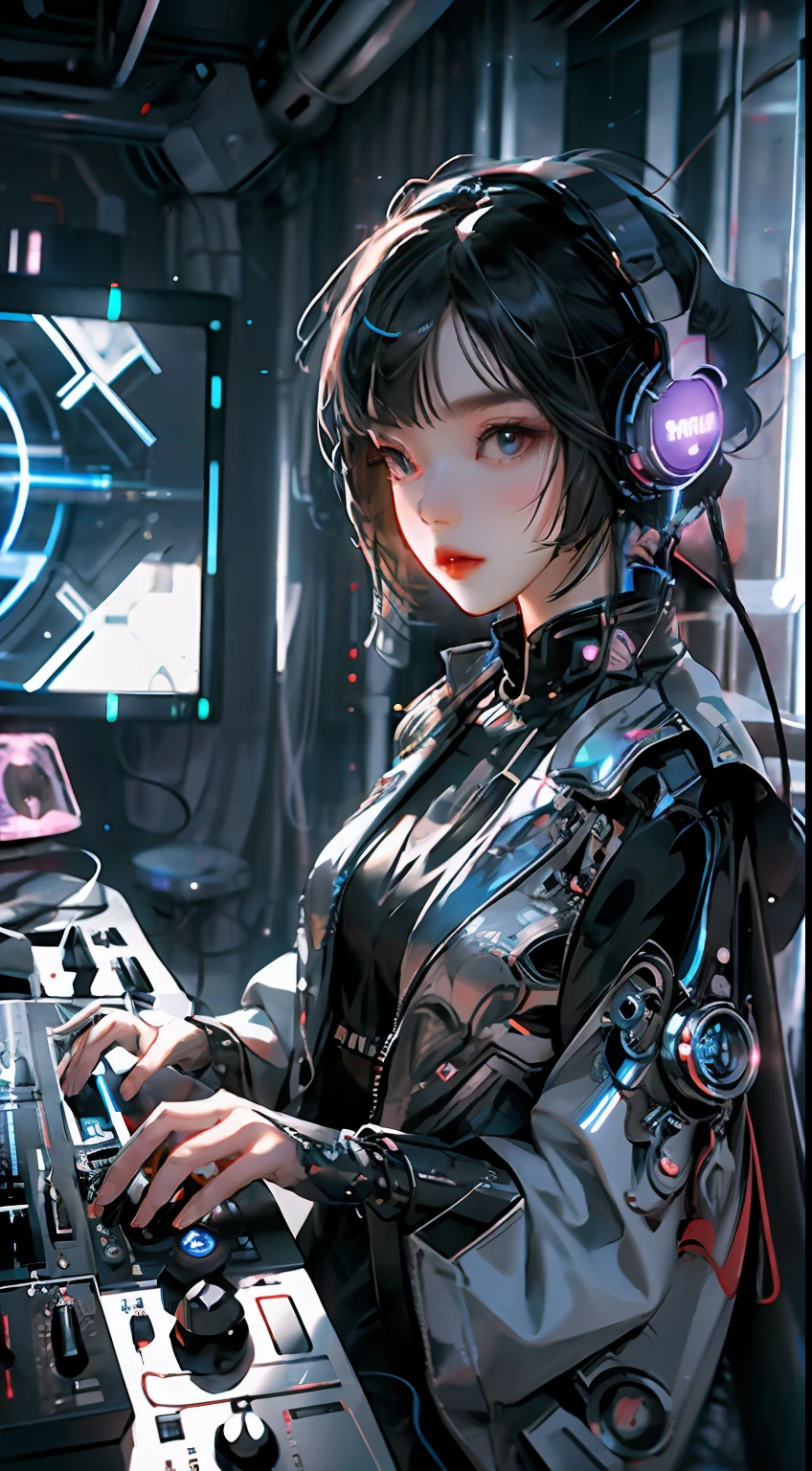 masterpiece, Complex Detail, physics-based rendering, 1 girl, female dj, dj, headphone, synthesizer, inside a club, disco light, disco lamp, neon, all mechanical and futuristic elements, technology,