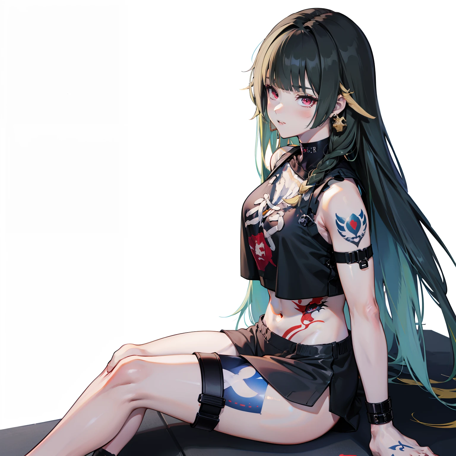 独奏、Long black hair、full bodyesbian、Scattered hair、Ad cover、Tattoos on the face、sitting on ground、Red eyes、Hanging、Tank tops、cool expression、masterpiece、top-quality、tre anatomically correct、8k